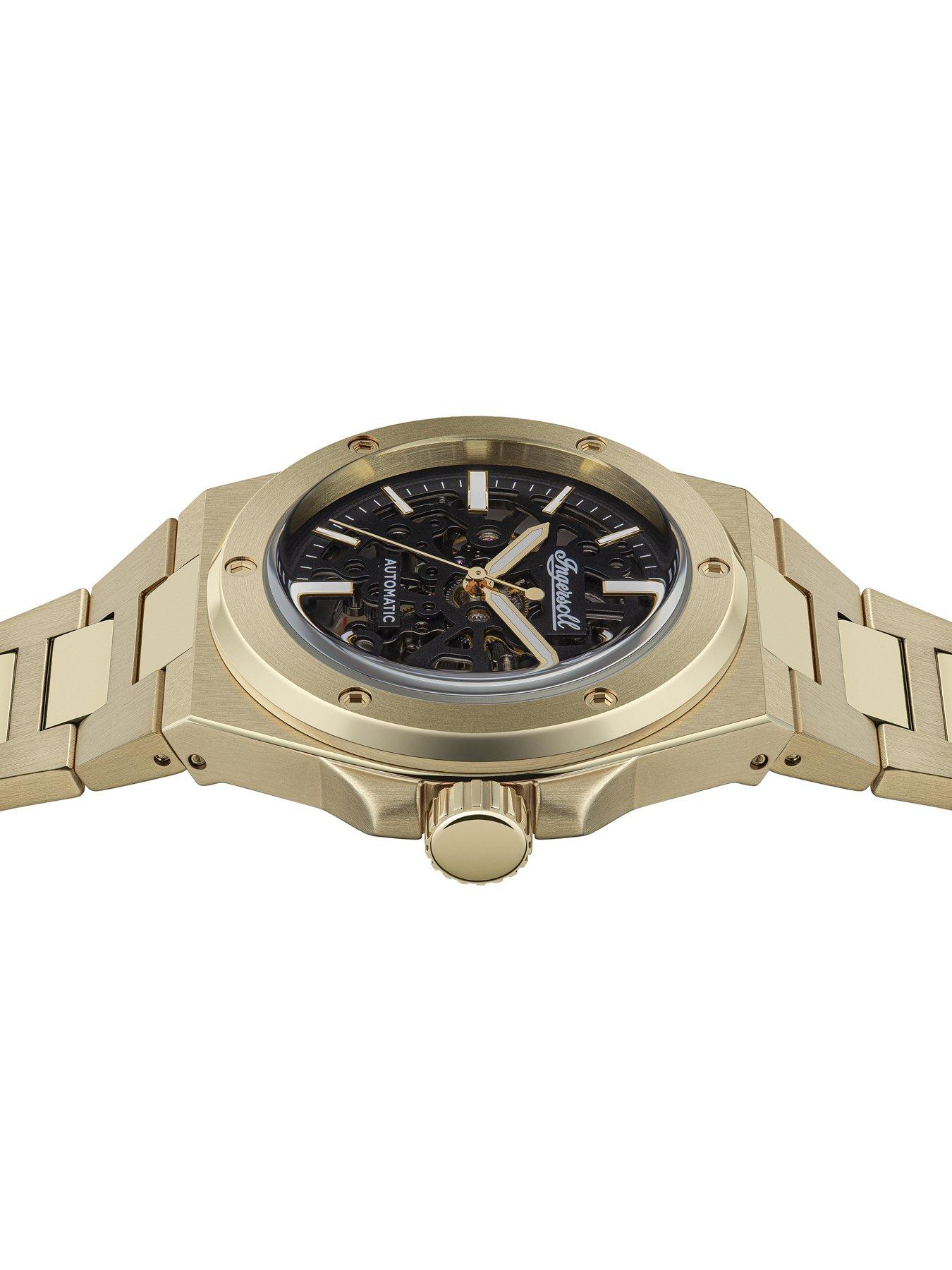  image of ingersoll-1892-the-baller-automatic-mens-watch-with-black-skeleton-dial-and-gold-bracelet-i15001