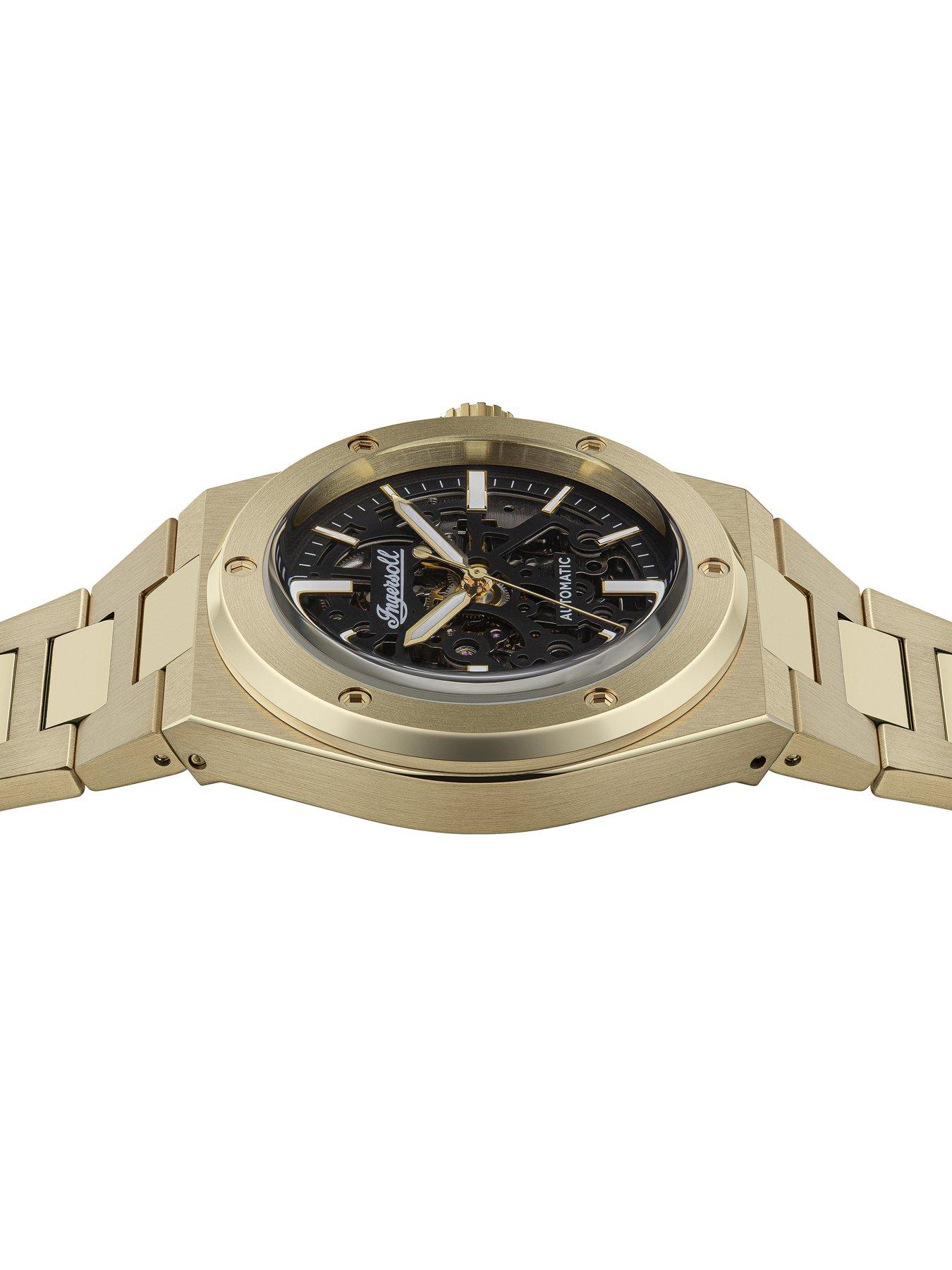  image of ingersoll-1892-the-baller-automatic-mens-watch-with-black-skeleton-dial-and-gold-bracelet-i15001