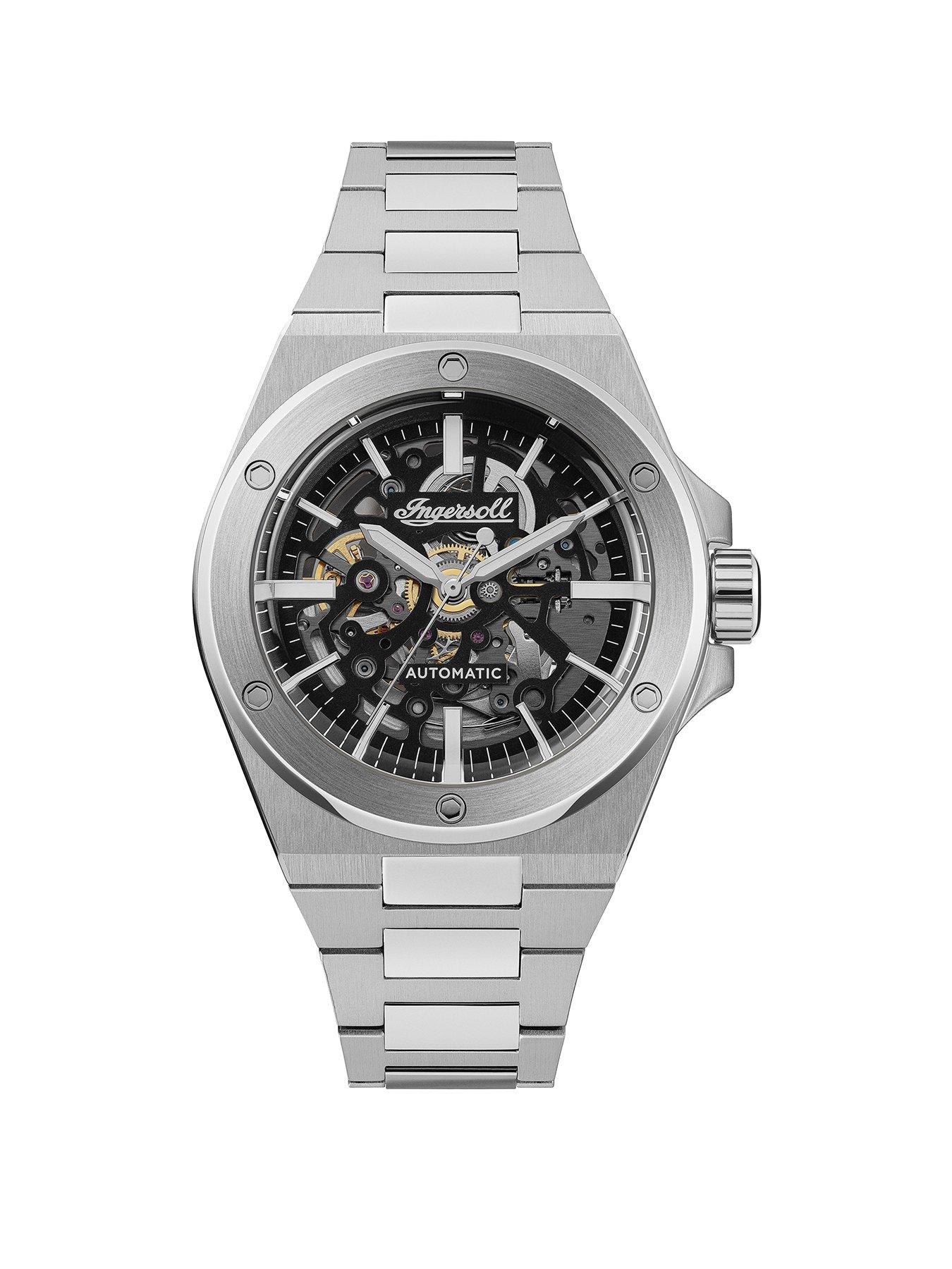 undefined 1892 The Baller Automatic Mens Watch with Black Skeleton Dial and Silver Stainless Steel Bracelet - I15002