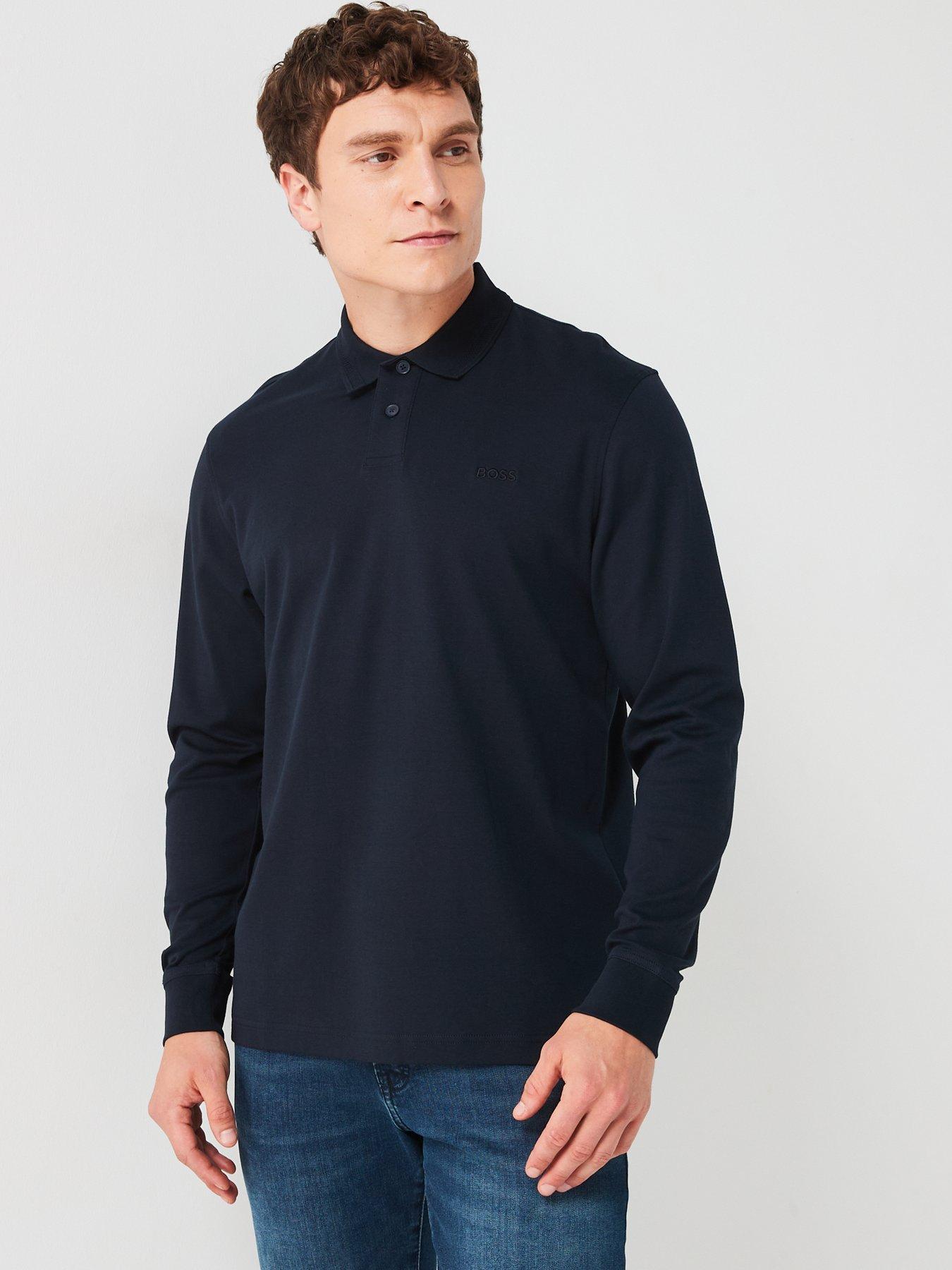 BOSS PE Interlock Regular Fit Long Sleeve Jersey Polo Shirt - Navy