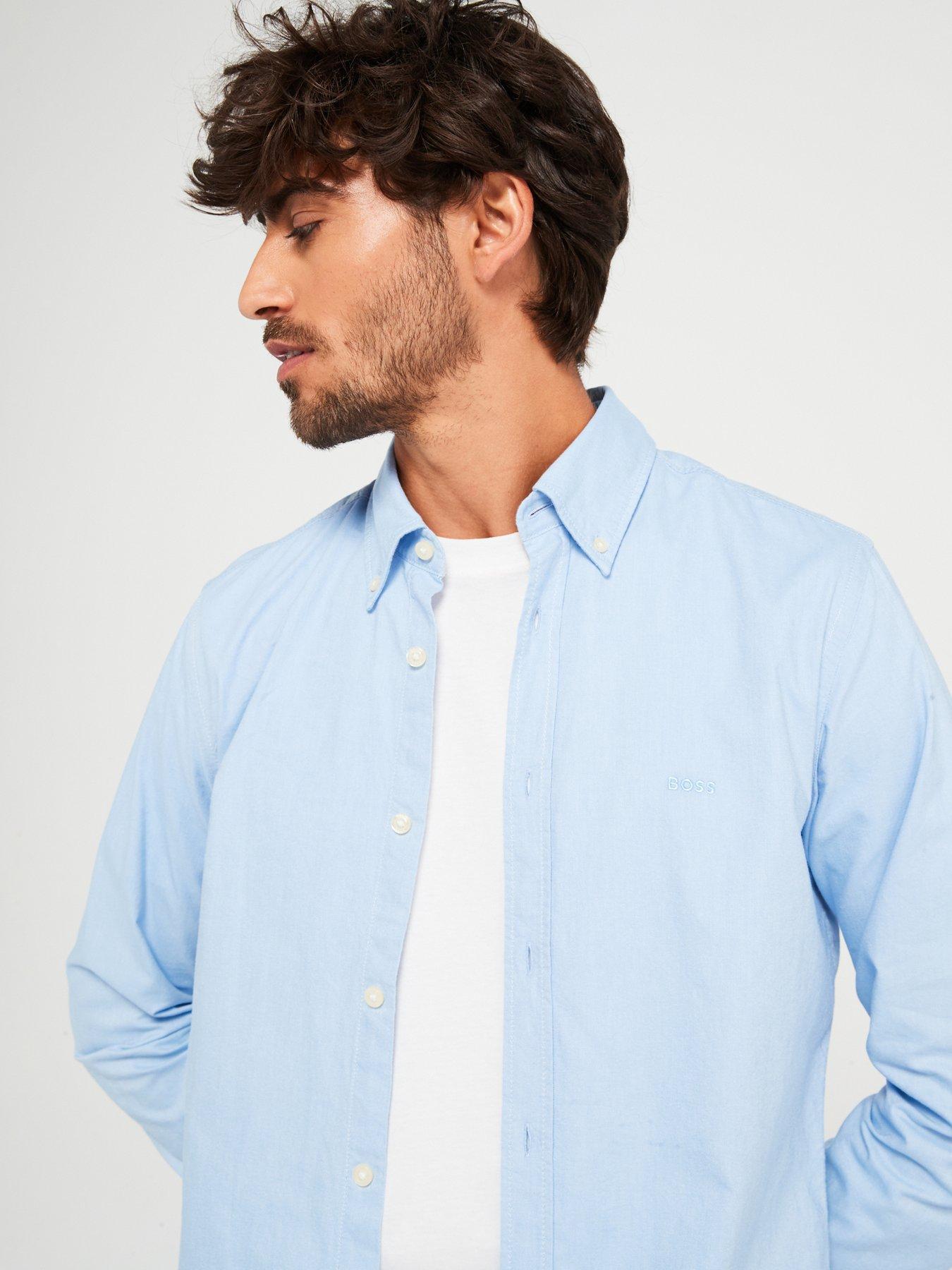 Image 4 of 5 of BOSS Mens Rickert Regular Fit Button-Down Cotton Oxford Shirt - Open Blue