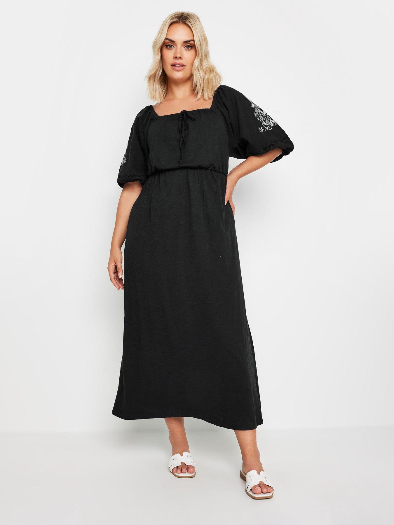 undefined Curve Embroidered Puff Sleeve Maxi Dress - Black