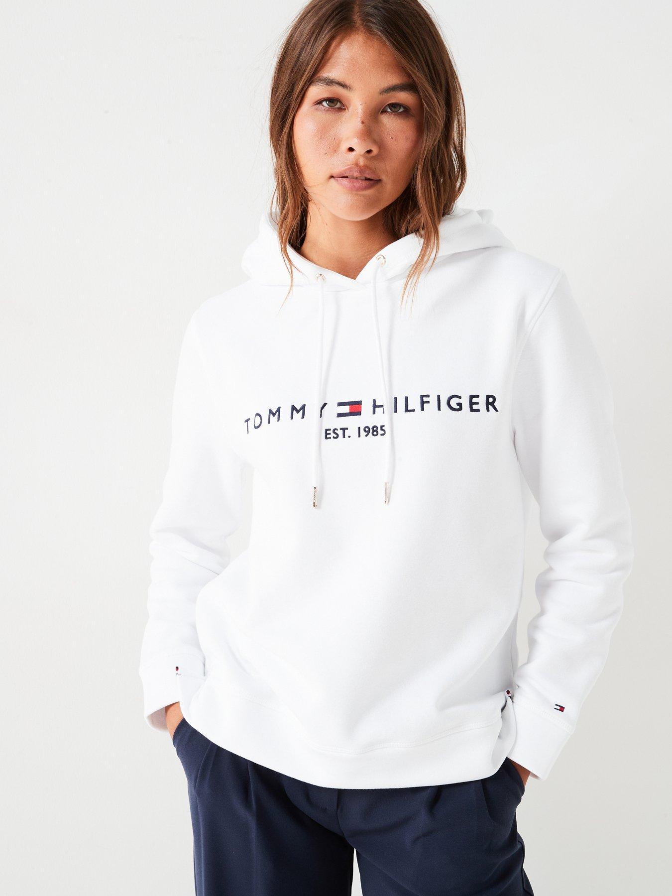 Image 1 of 6 of Tommy Hilfiger Womens Heritage Logo Cotton-Blend Hoodie - White