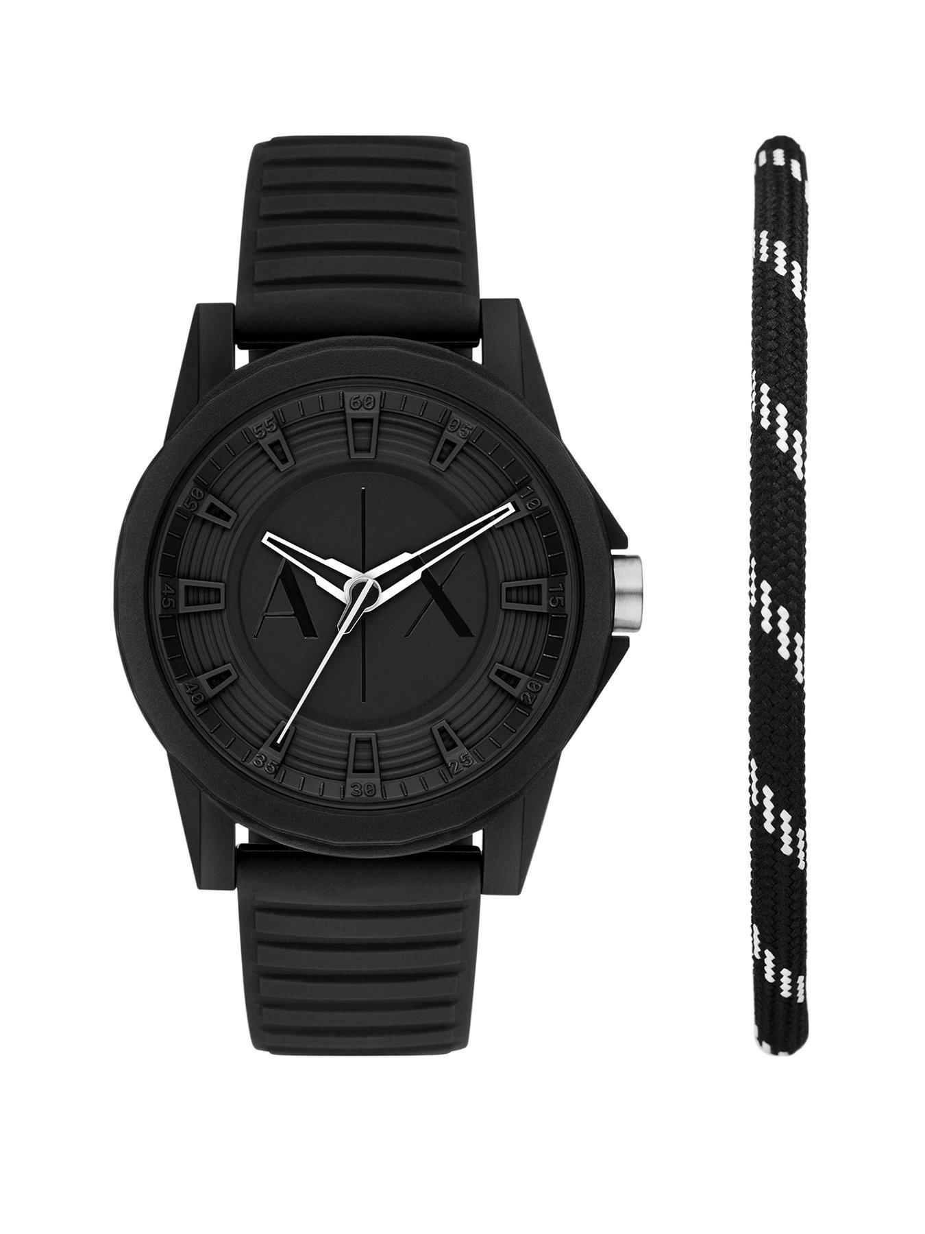  image of armani-exchange-three-hand-black-silicone-watch-and-bracelet-set