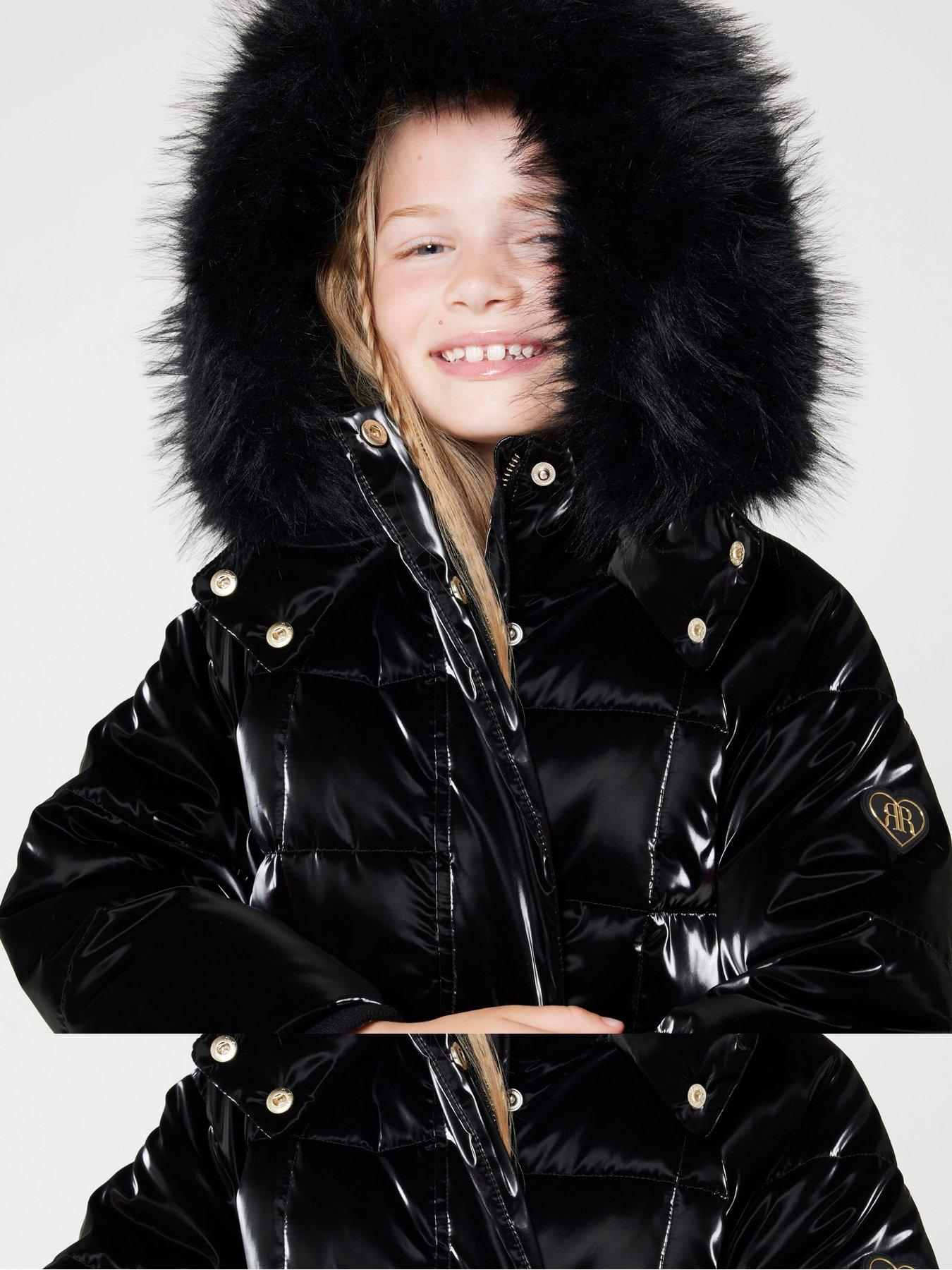 River Island Older Girl Padded High Shine Coat Black Littlewoods