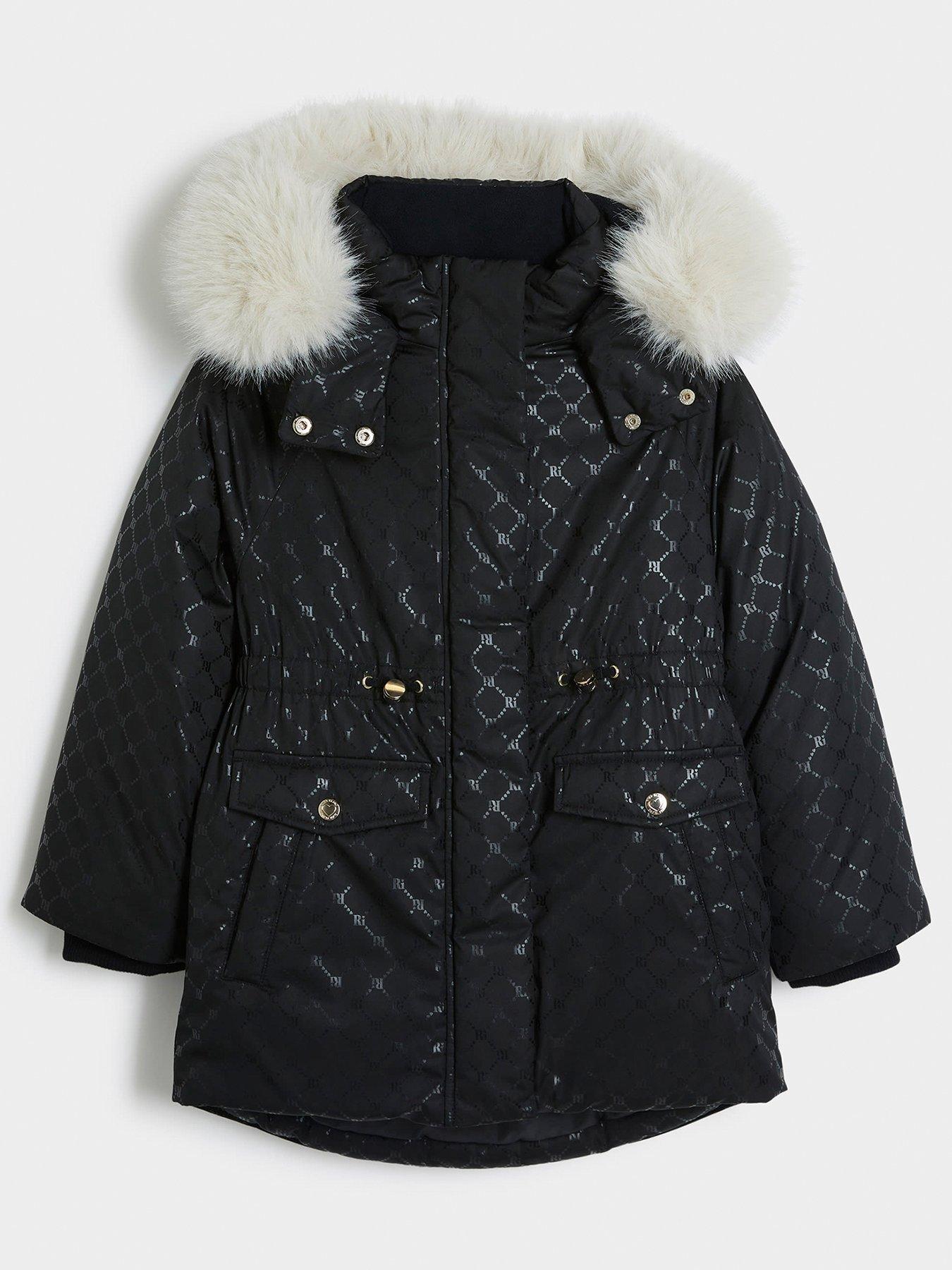 River Island Girls Ri Monogram Padded Hooded Coat Black