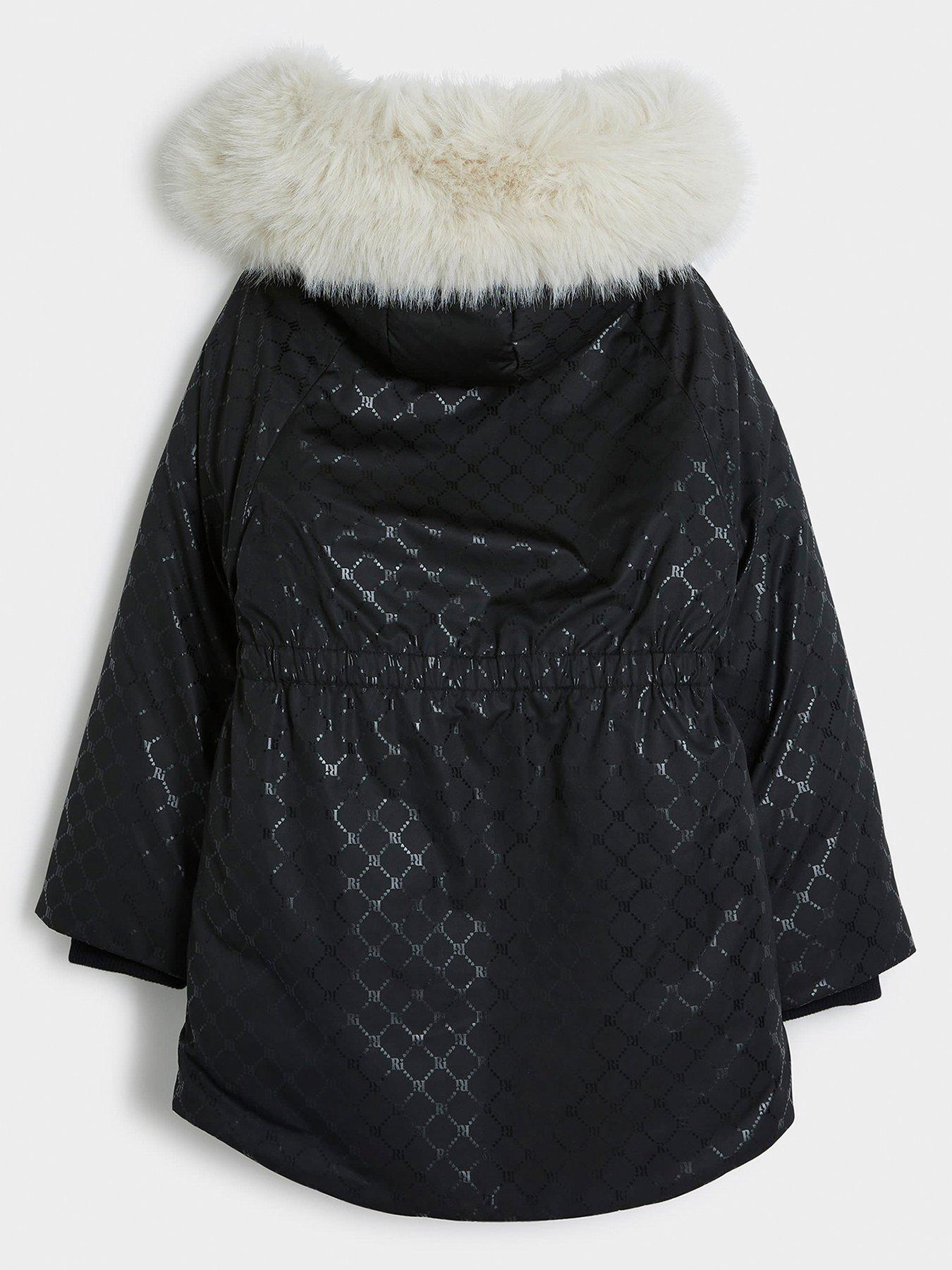 River Island Girls Ri Monogram Padded Hooded Coat Black