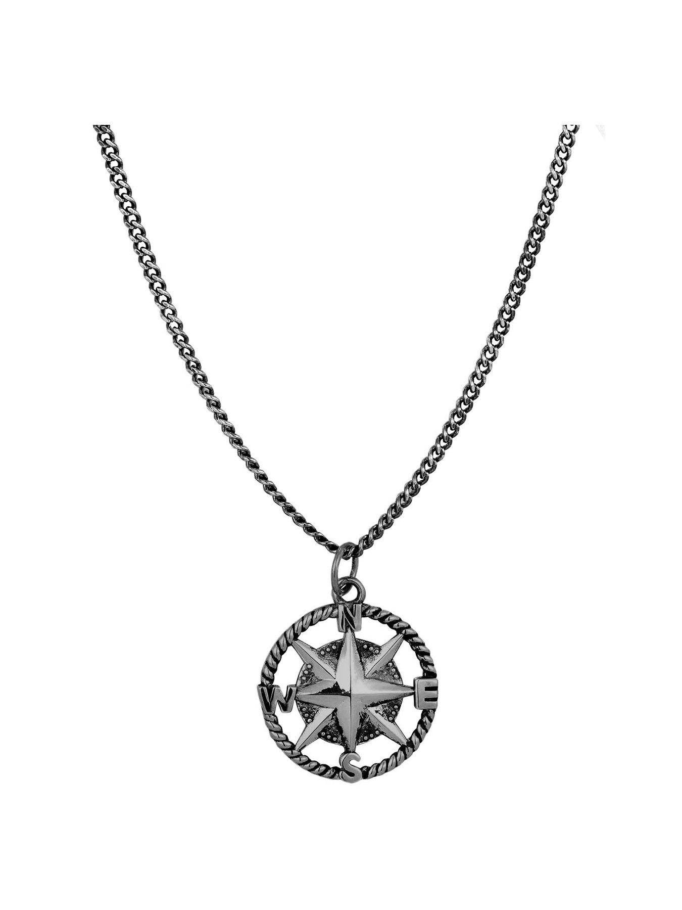undefined Gent's Oxidised Sterling Silver Compass Necklace