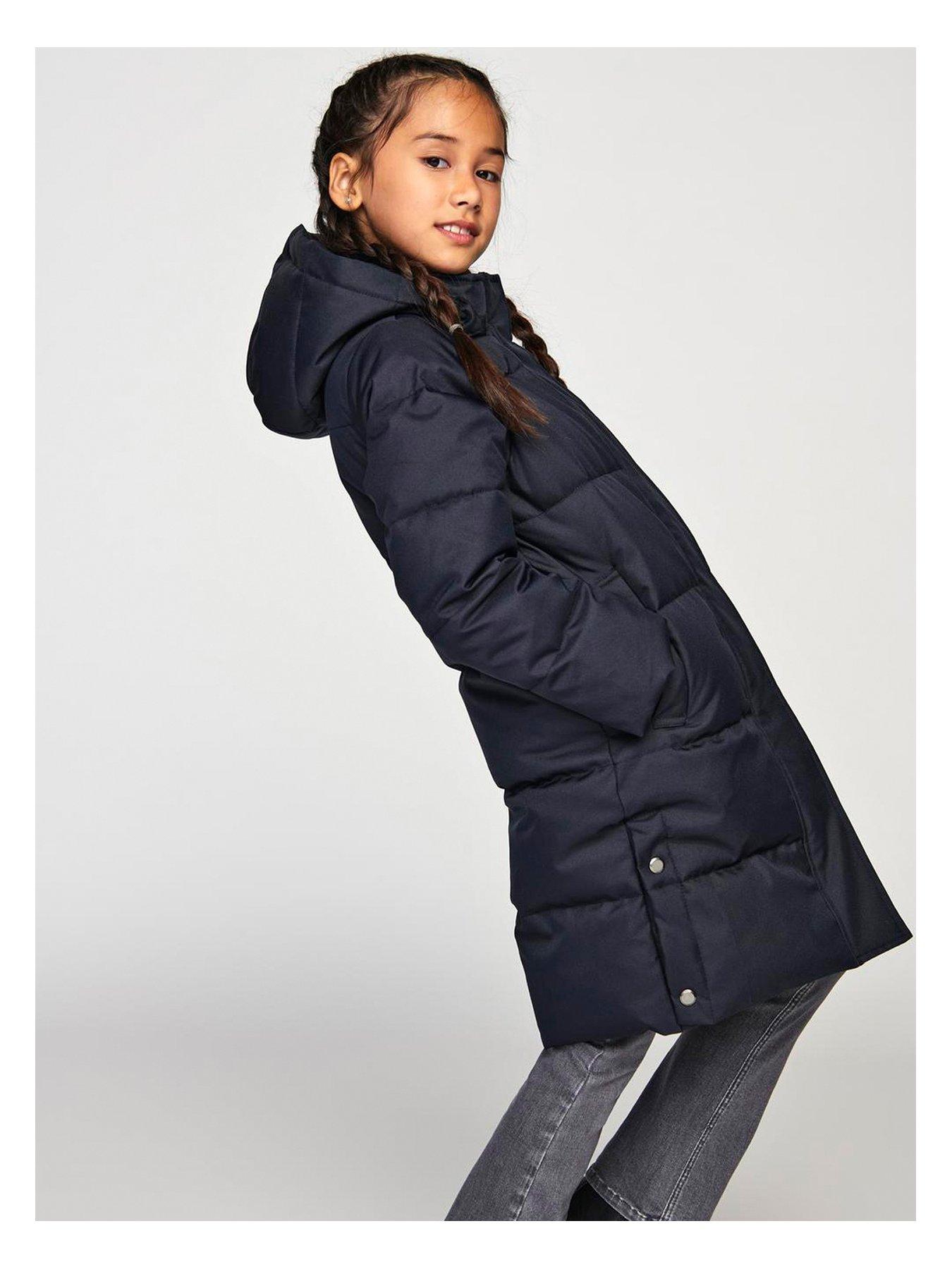River Island Girls Hooded Velvet Look Padded Coat Black littlewoods