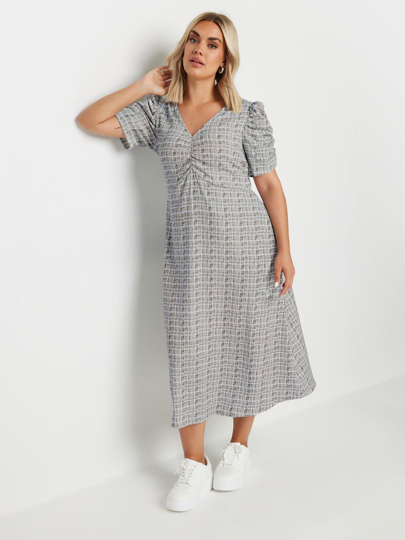 undefined Curve Textured Check Milkmaid Dress - Grey