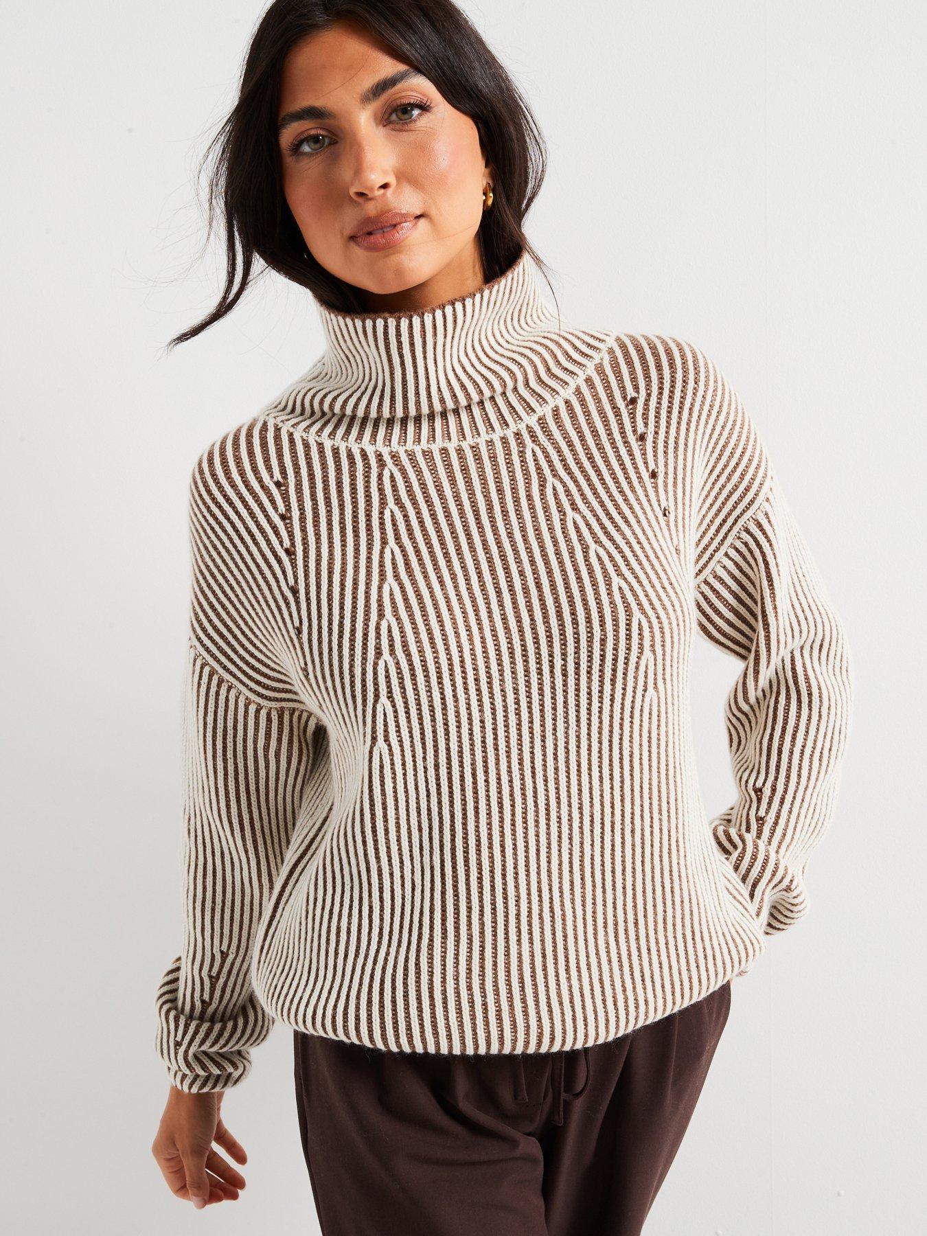 undefined Funnel Neck Contrast Pleated Jumper with Wool  - Beige
