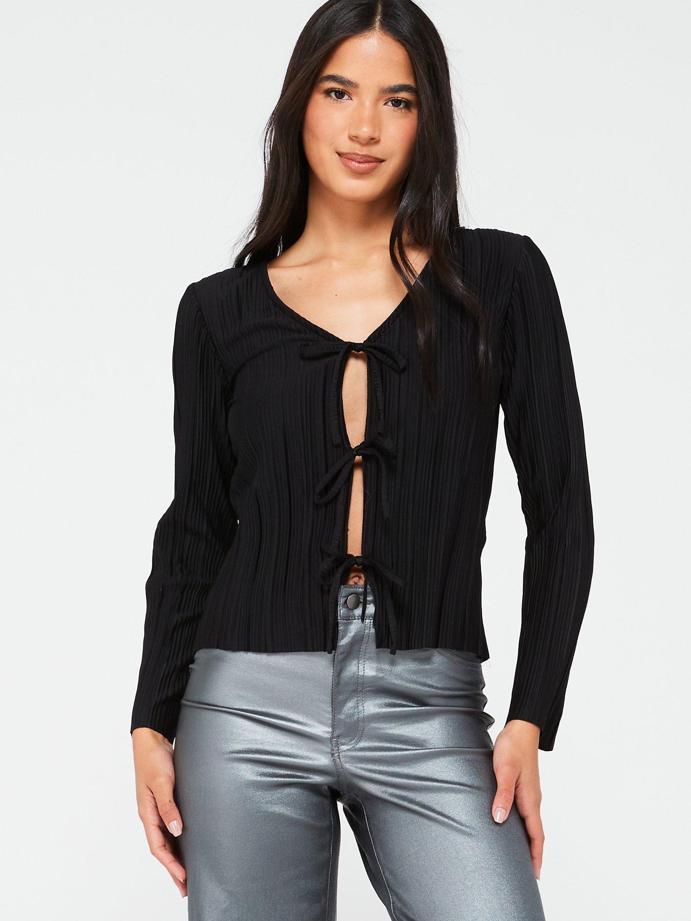 undefined Bravo Long Sleeve Tie Pleat Jersey Top - Black