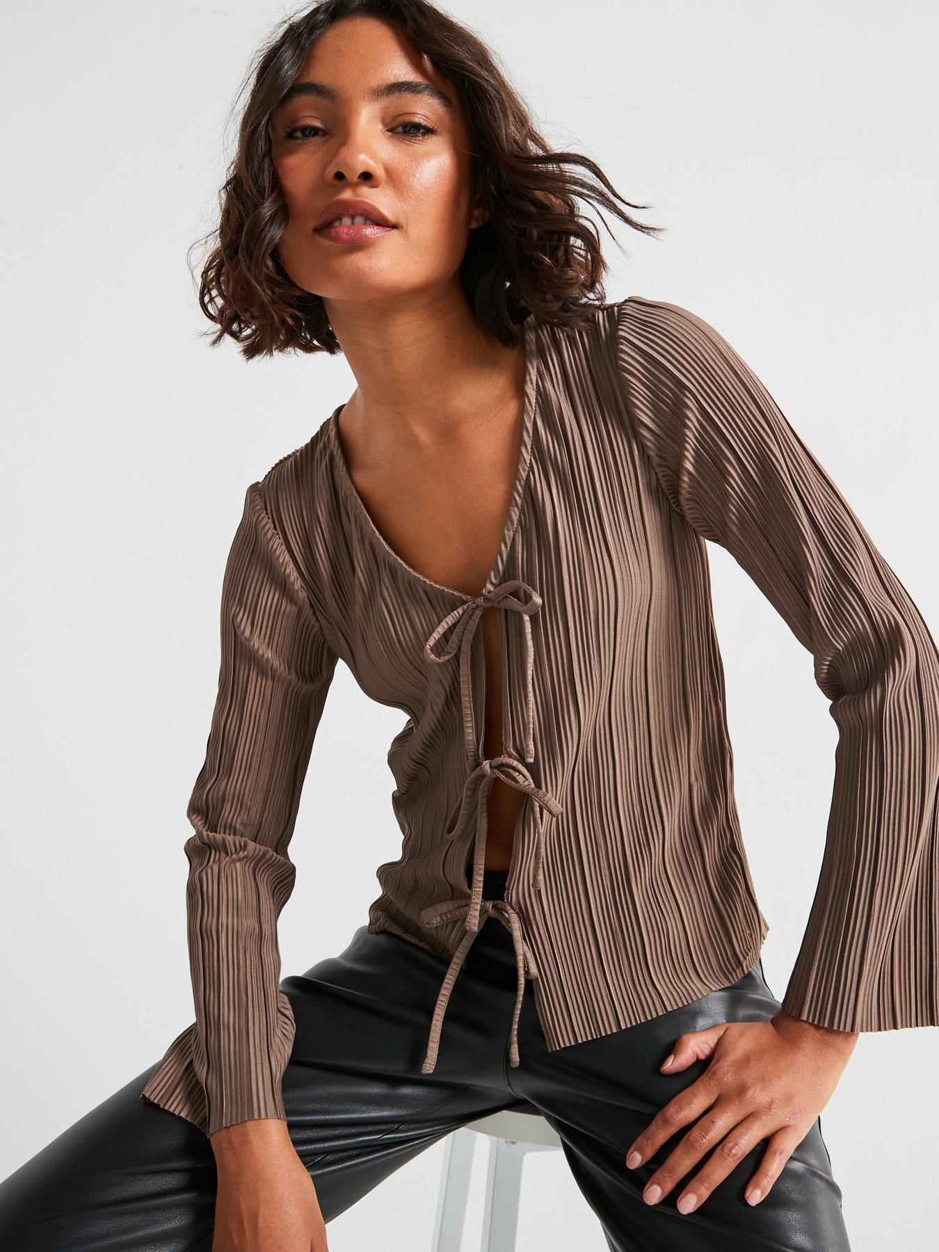 undefined Long Sleeve Tie Pleat Top - Brown