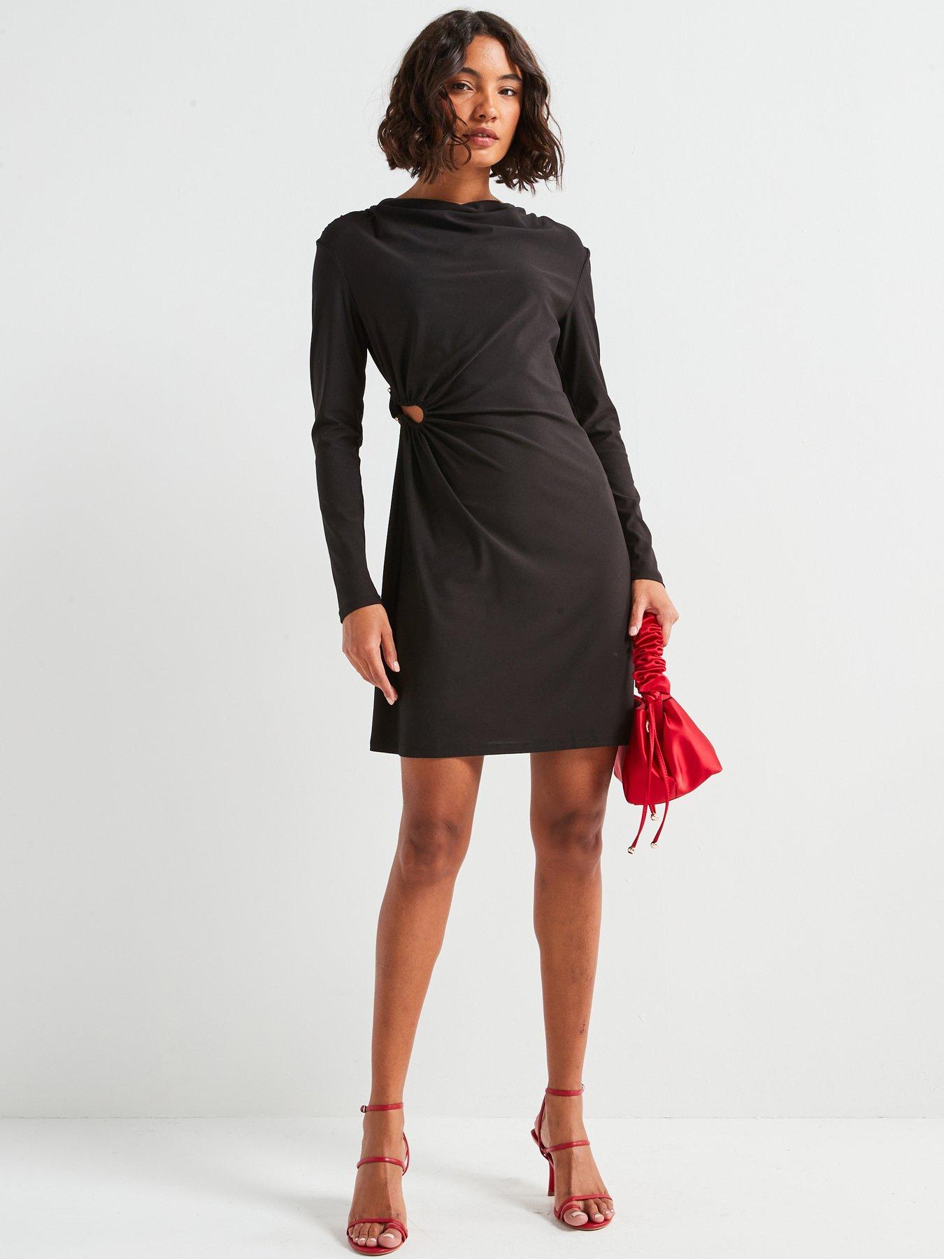 undefined Long Sleeve Mini Boat Neck Dress - Black
