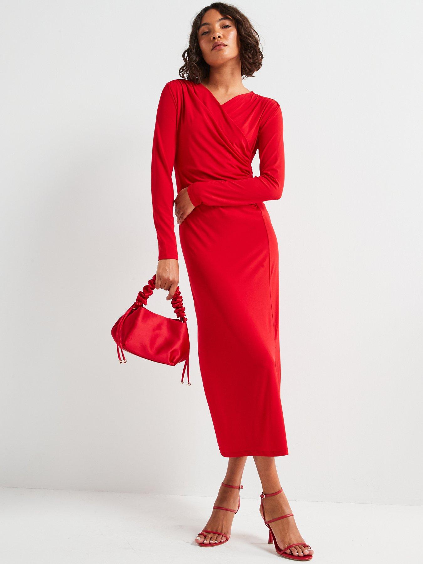 undefined V-Neck Ruched Detail Long Sleeve Maxi Dress - Red