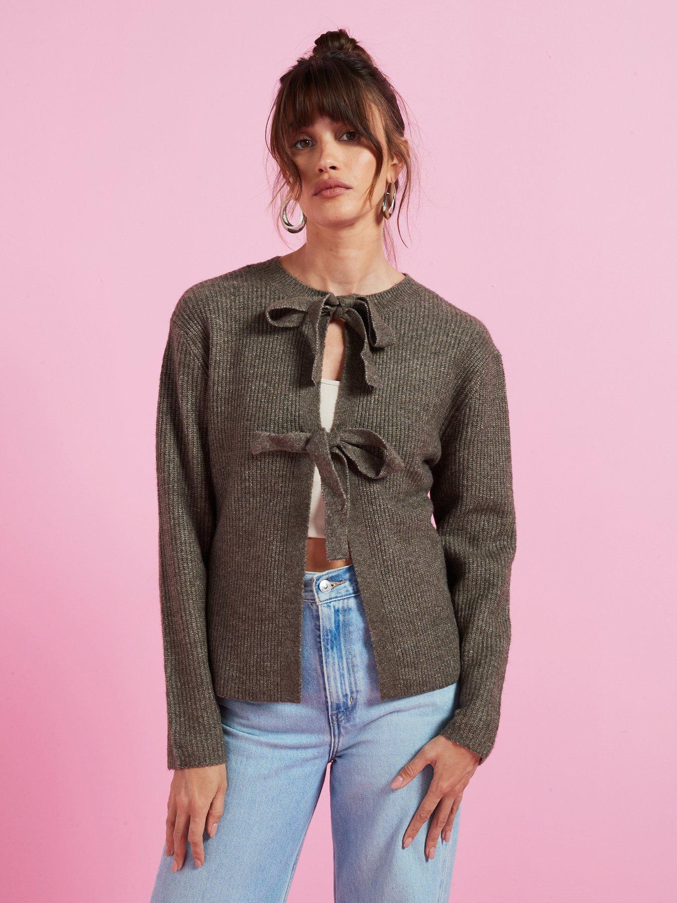 Image 1 of 6 of PIECES Reversible Tie Knitted Jumper - Brown