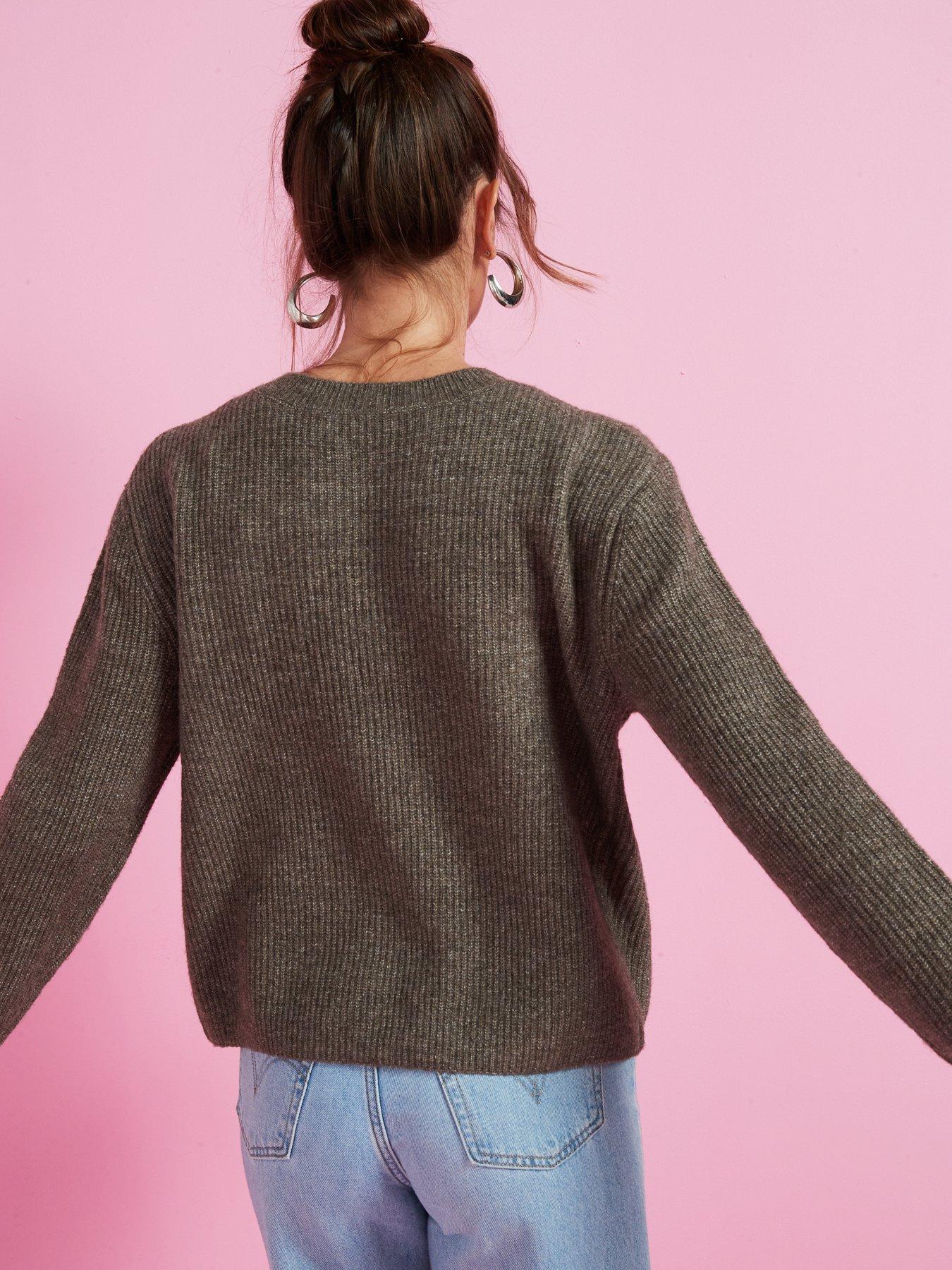 Image 2 of 6 of PIECES Reversible Tie Knitted Jumper - Brown