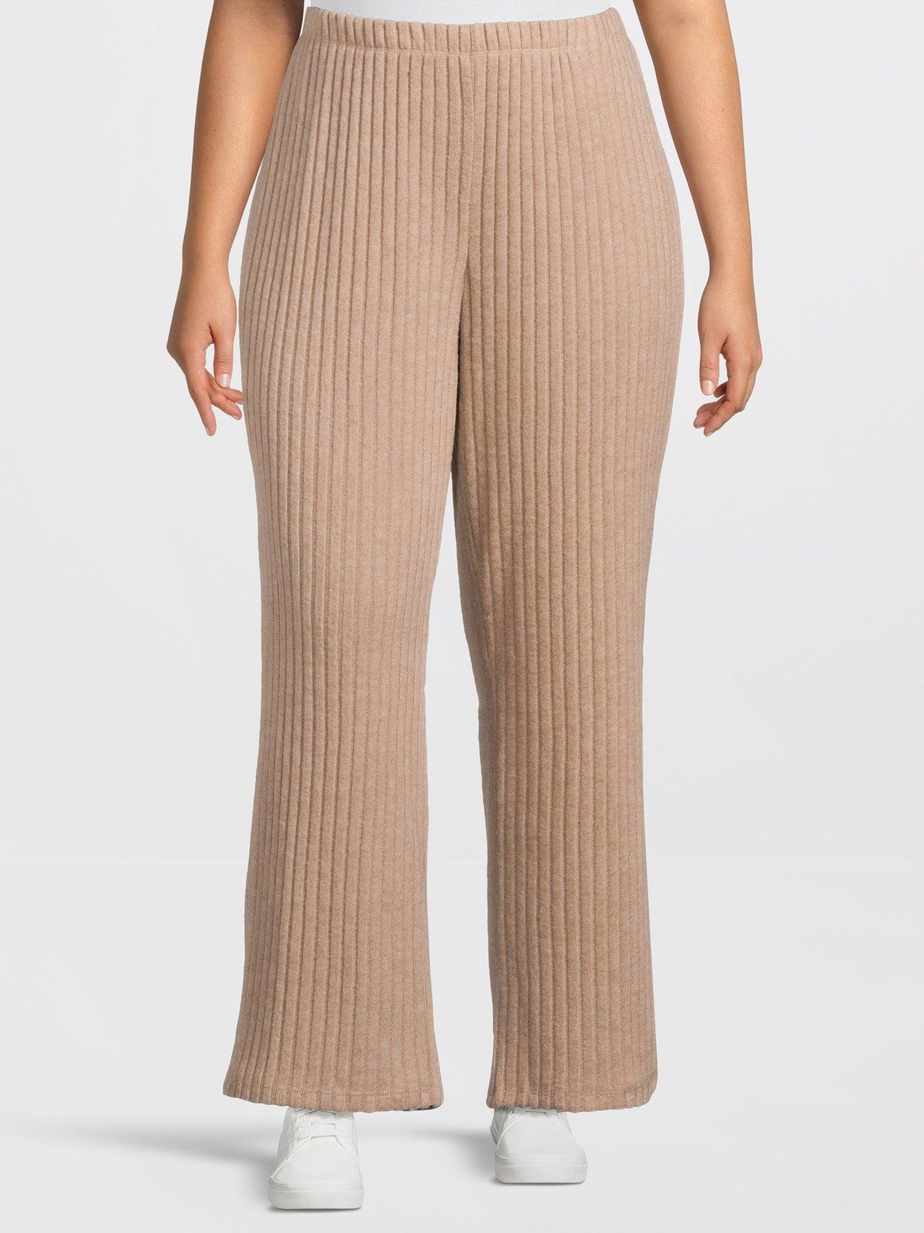 undefined Ribbed High Waist Wide Leg Pant - Beige