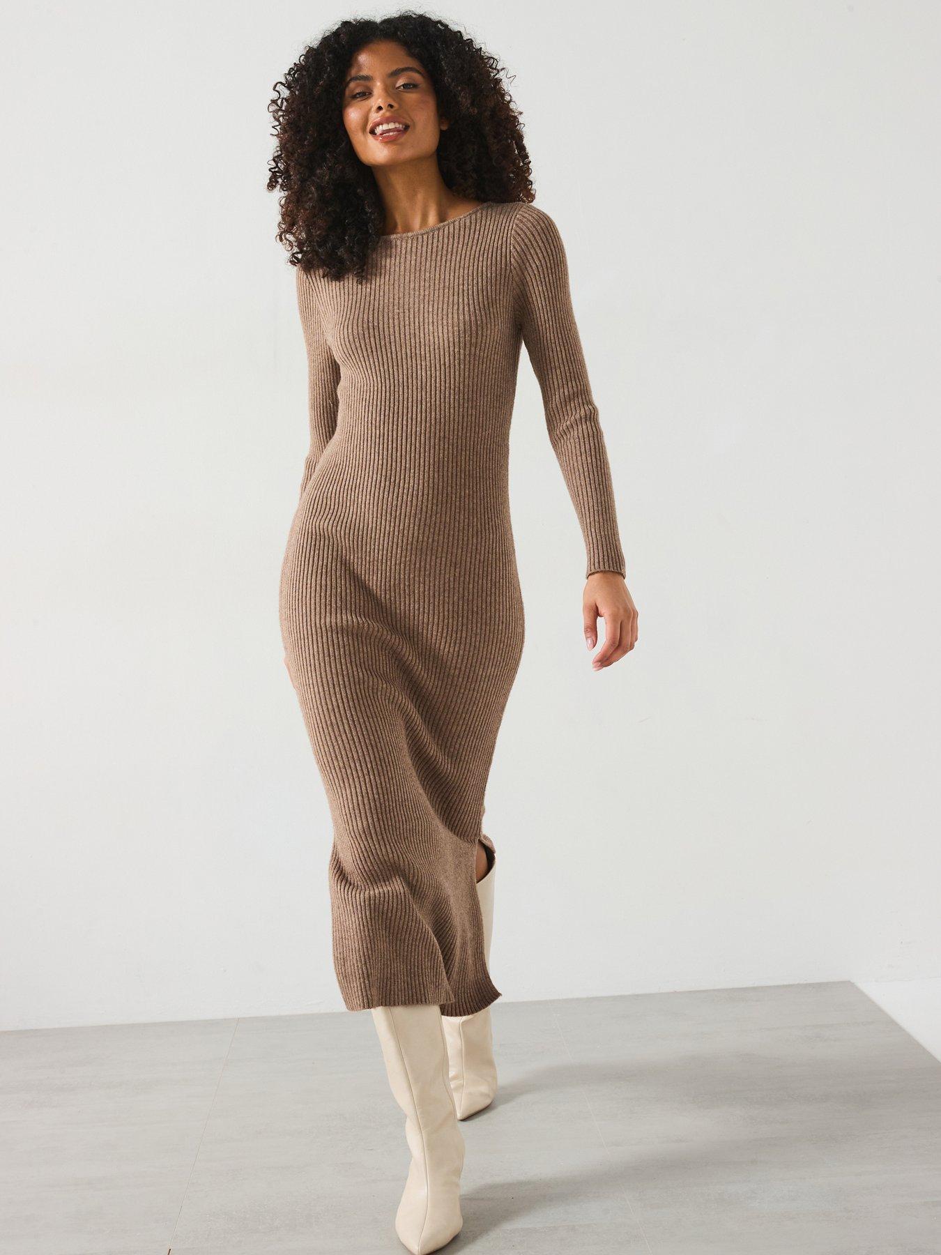 undefined Long Sleeve Knitted Maxi Dress - Beige