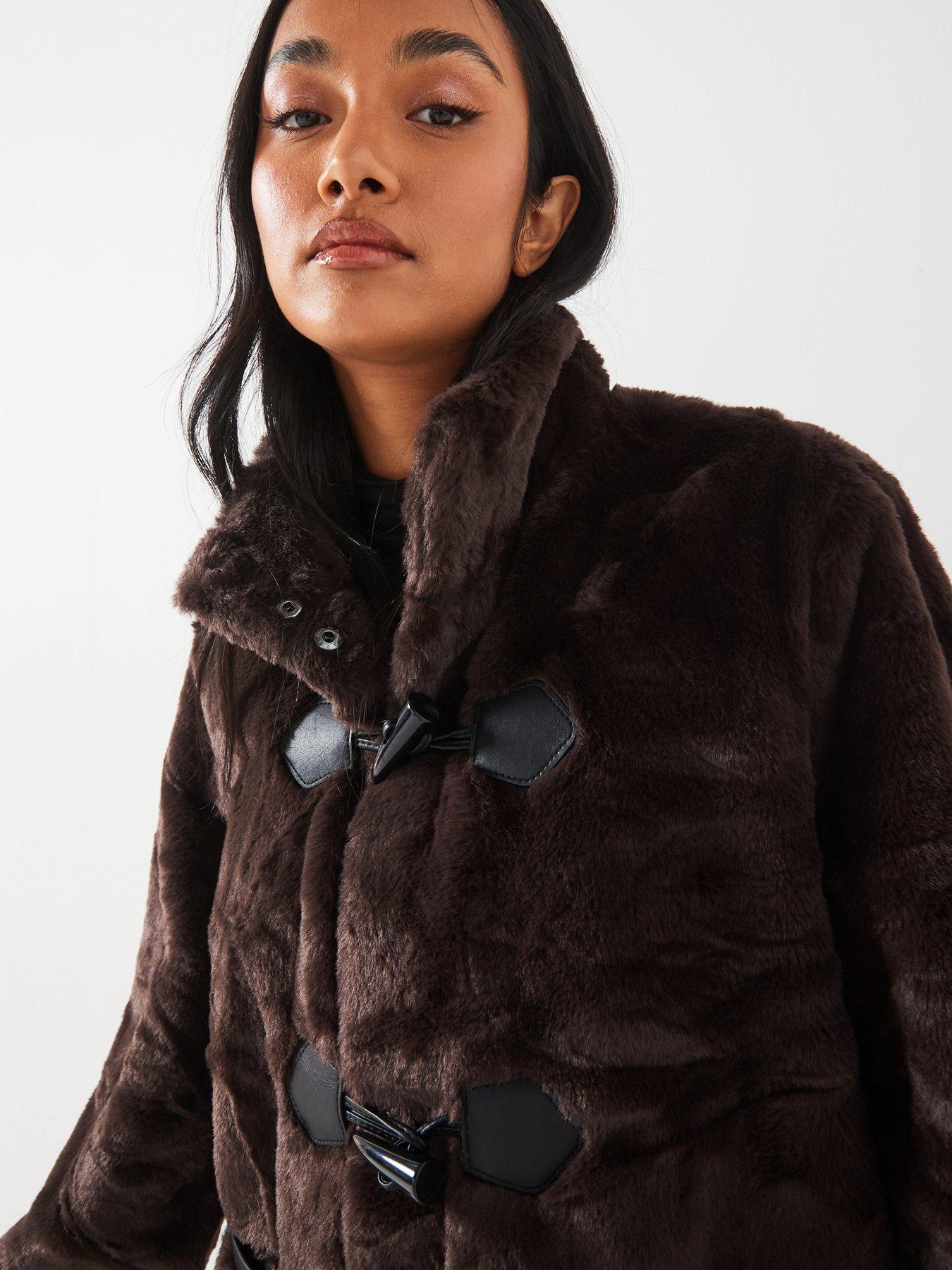  image of vero-moda-faux-fur-toggle-jacket-brown