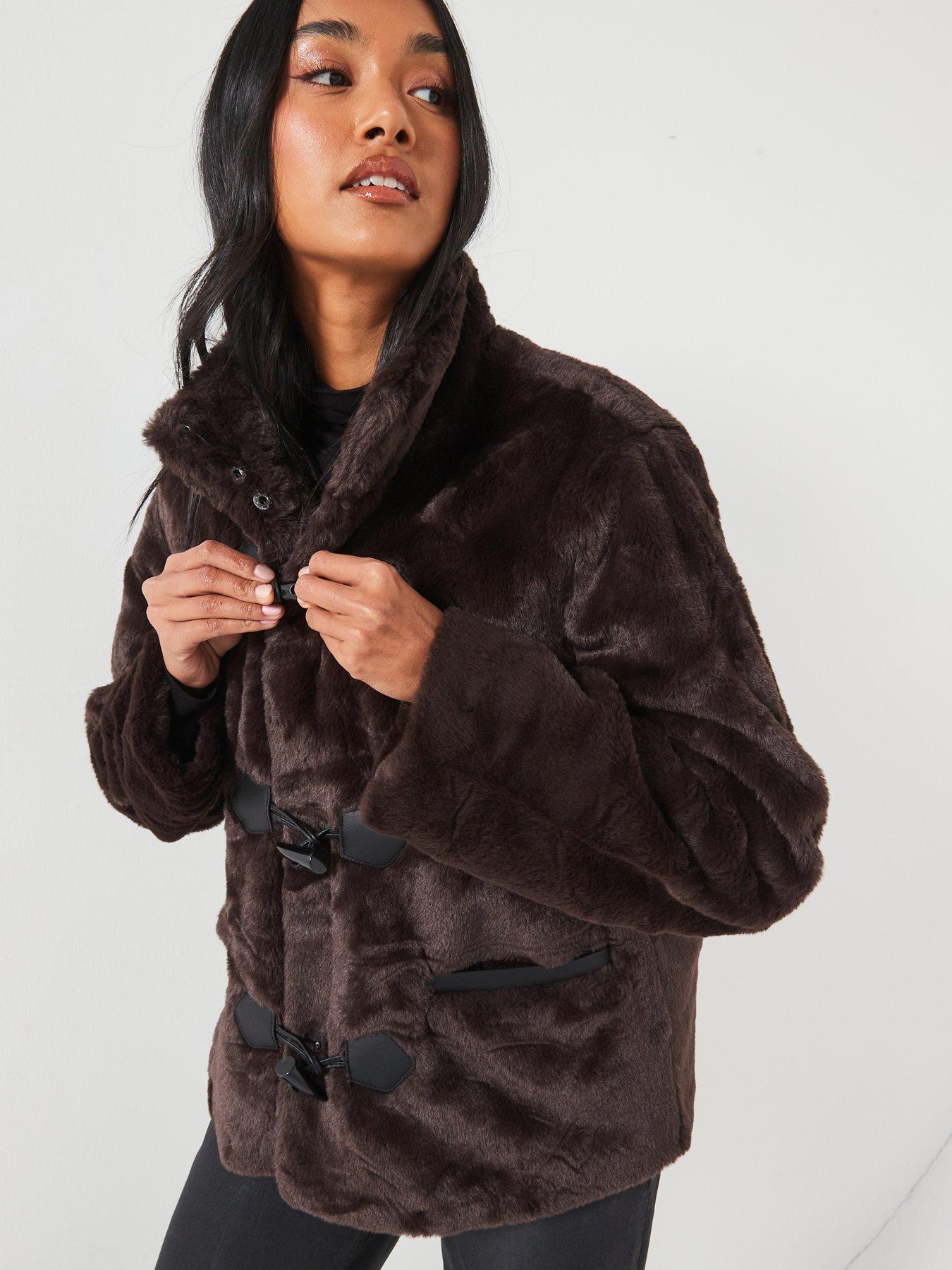  image of vero-moda-faux-fur-toggle-jacket-brown