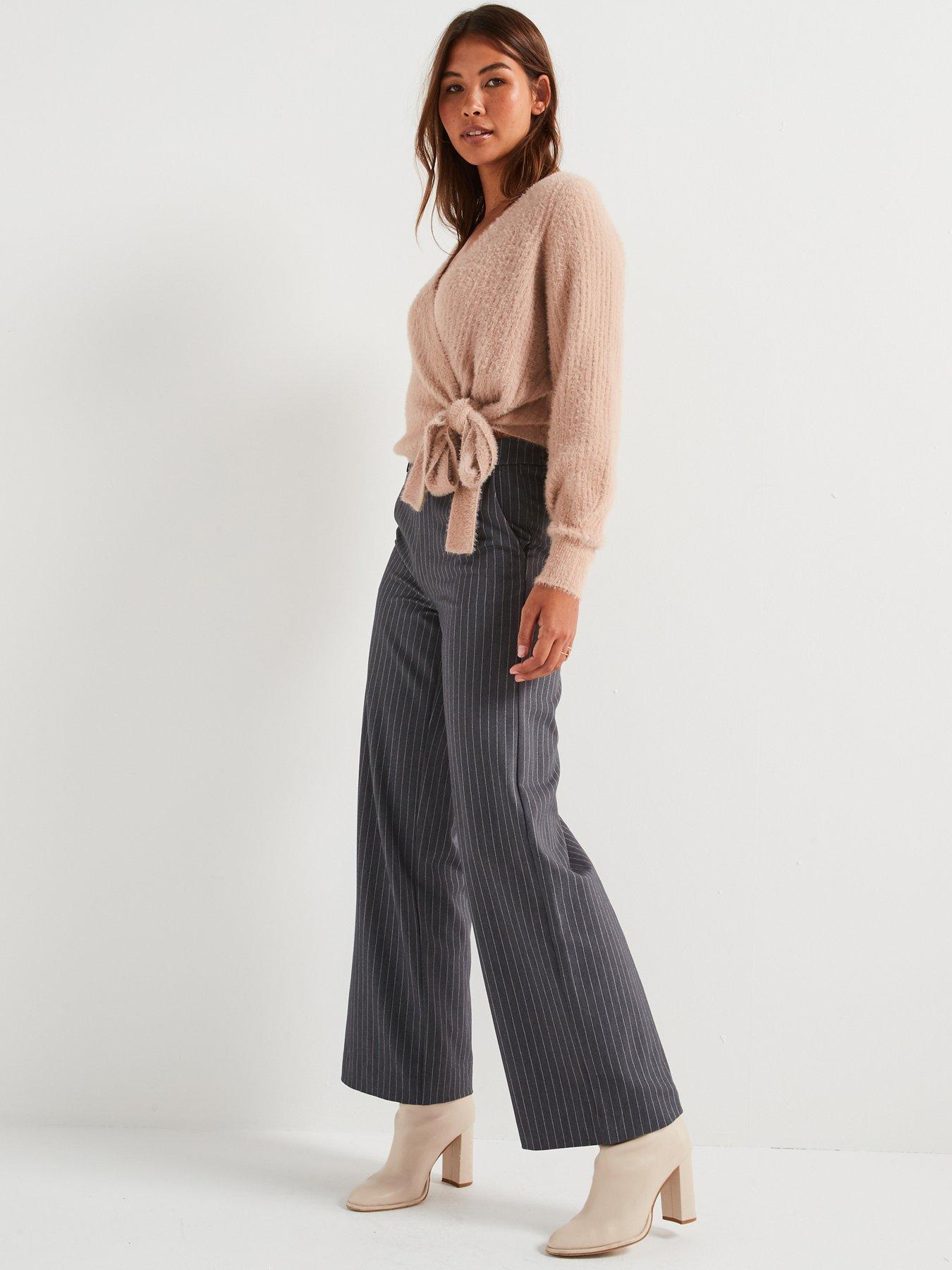  image of vila-pin-stripe-high-waist-wide-leg-pant-grey