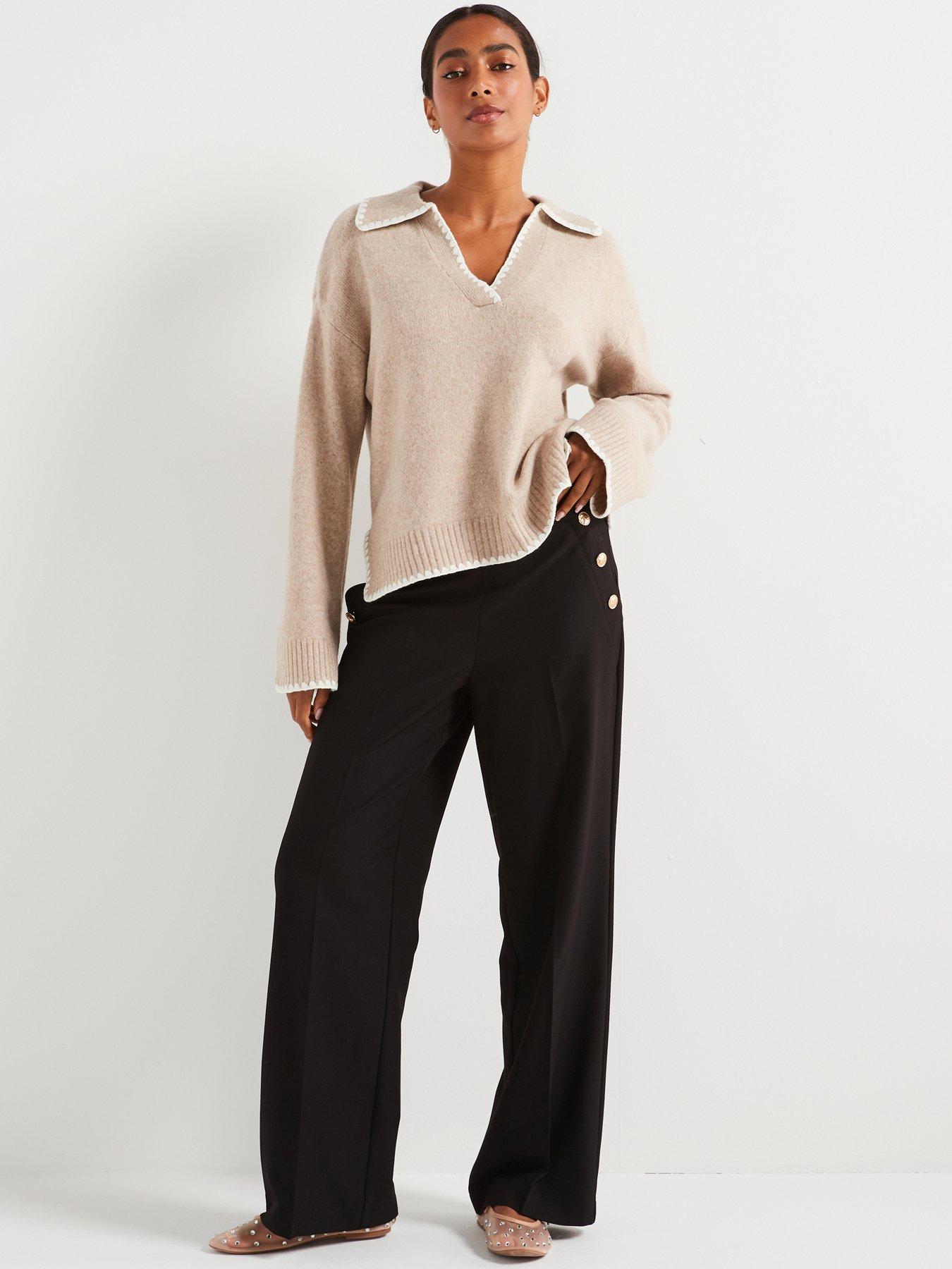  image of vila-button-detail-high-waist-trousers-black