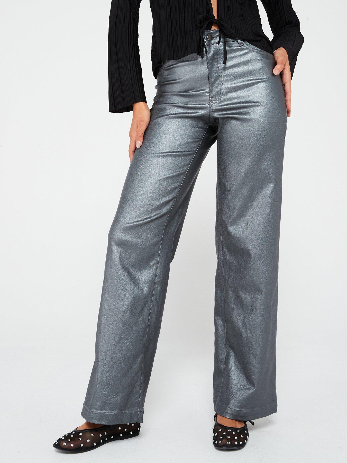 undefined High Waist Wide Leg Coated Trouser - Grey