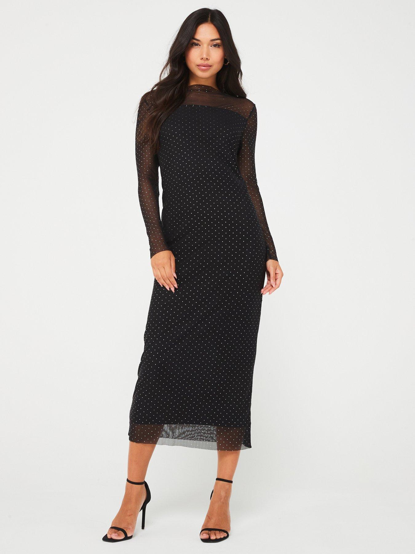 undefined Sheer Long Sleeve Midi Dress - Black