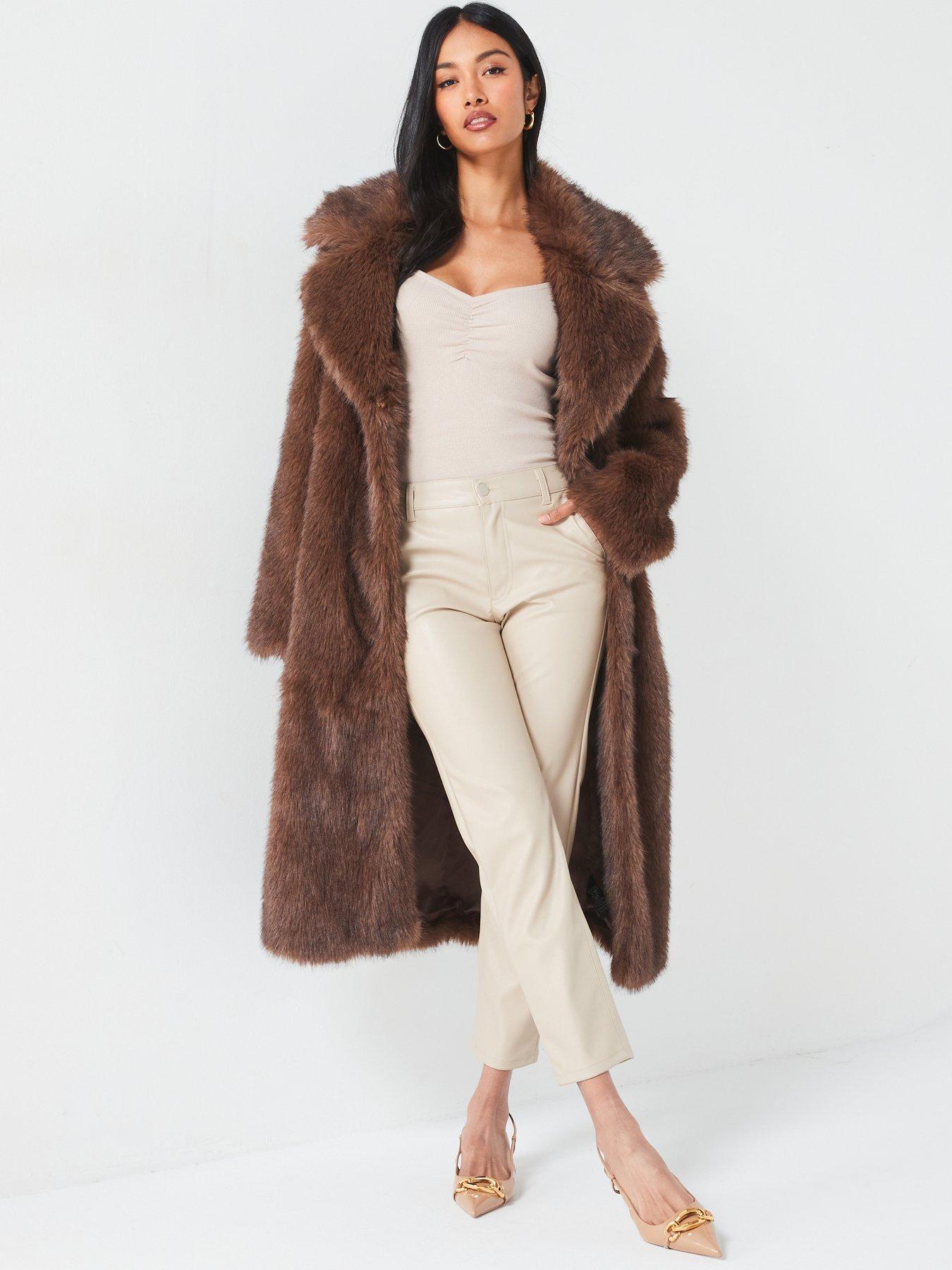 undefined Longline Faux Fur Belted Coat - Chocolate