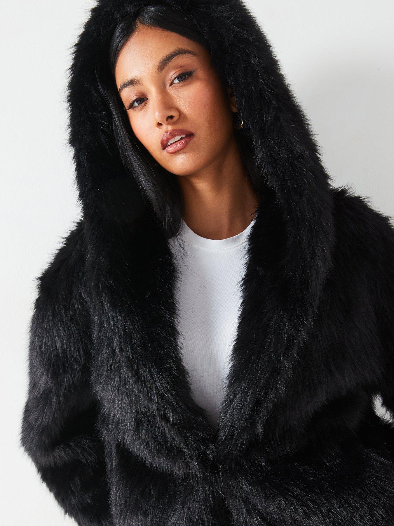 Velouria Faux Suede Fur Coat - Black