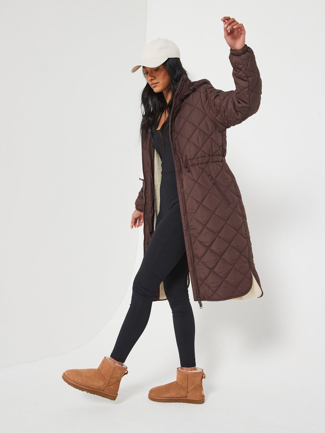 V by Very Quilted Hooded Coat With Borg Lining Brown Littlewoods