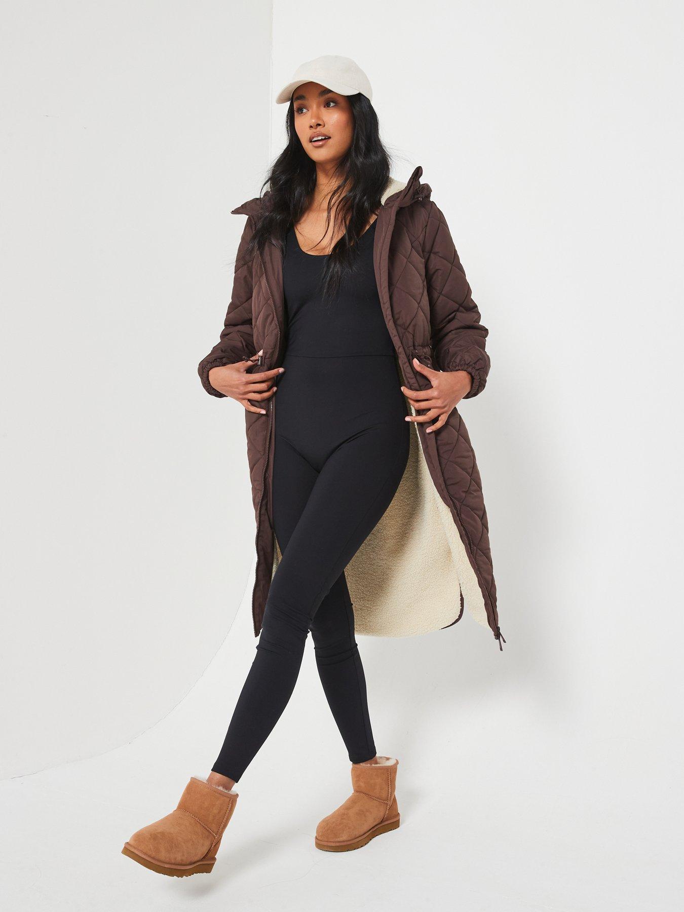 V by Very Quilted Hooded Coat With Borg Lining Brown Littlewoods