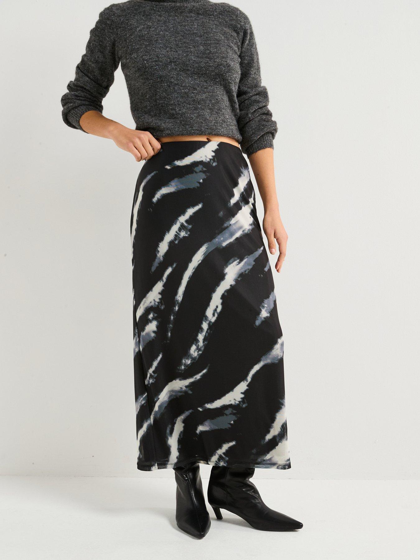 undefined Zebra Print Satin Midi Skirt - Black