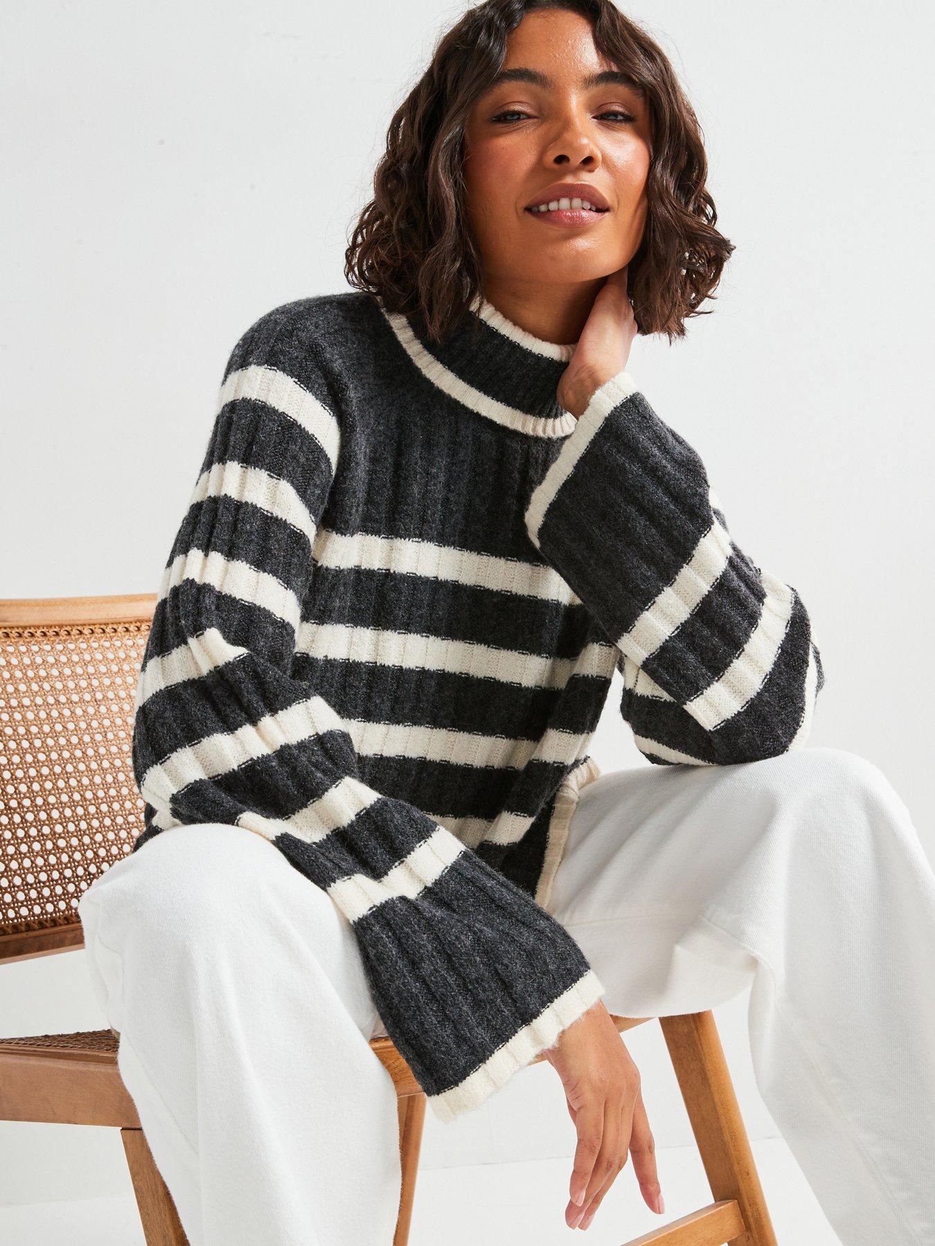 undefined High Neck Stripe Jumper - Grey