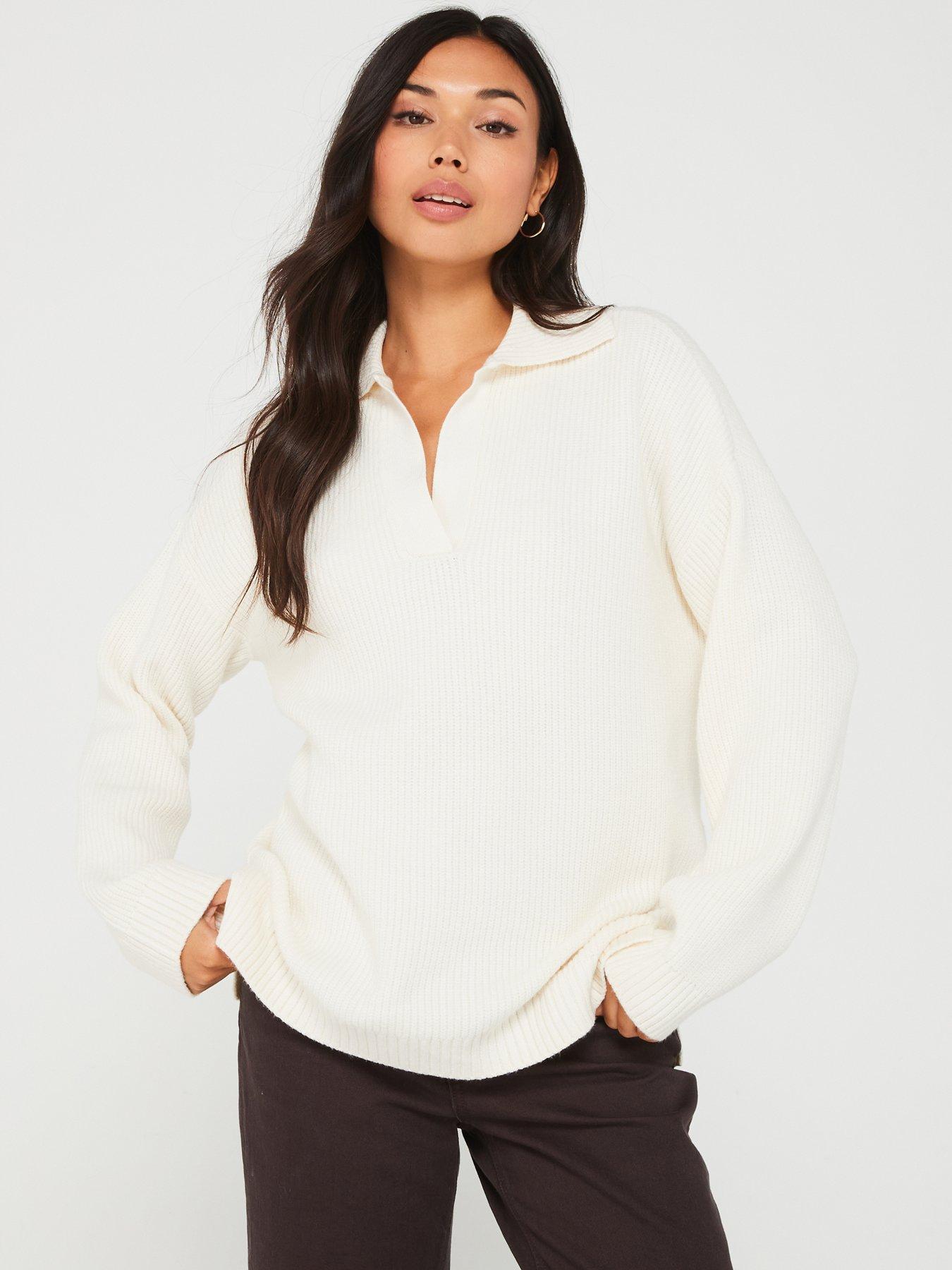 undefined Long Sleeve V-Neck Collared Pullover - Cream