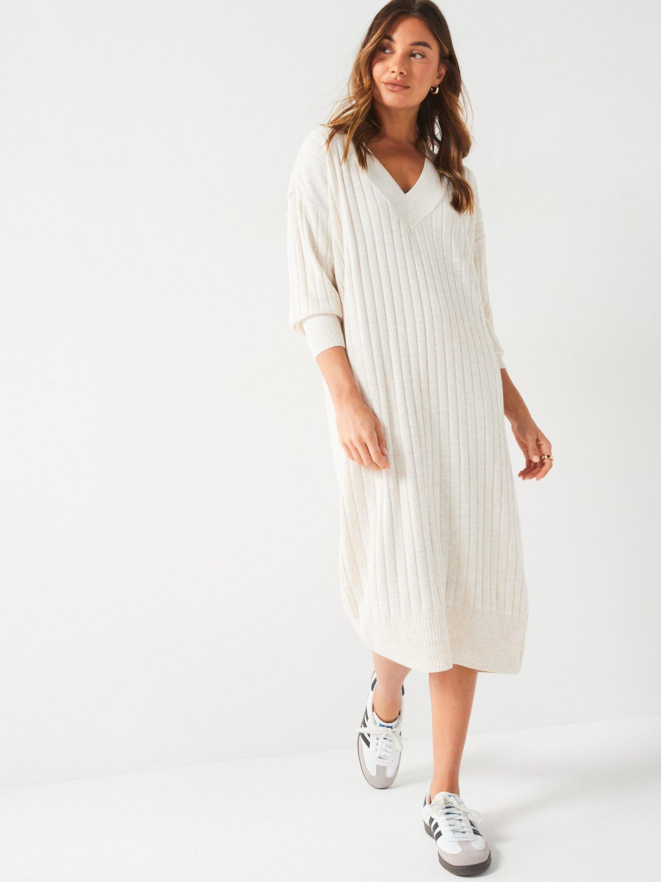 Image 1 of 4 of Only V Neck Long Sleeve Knitted Midi Dress - Beige
