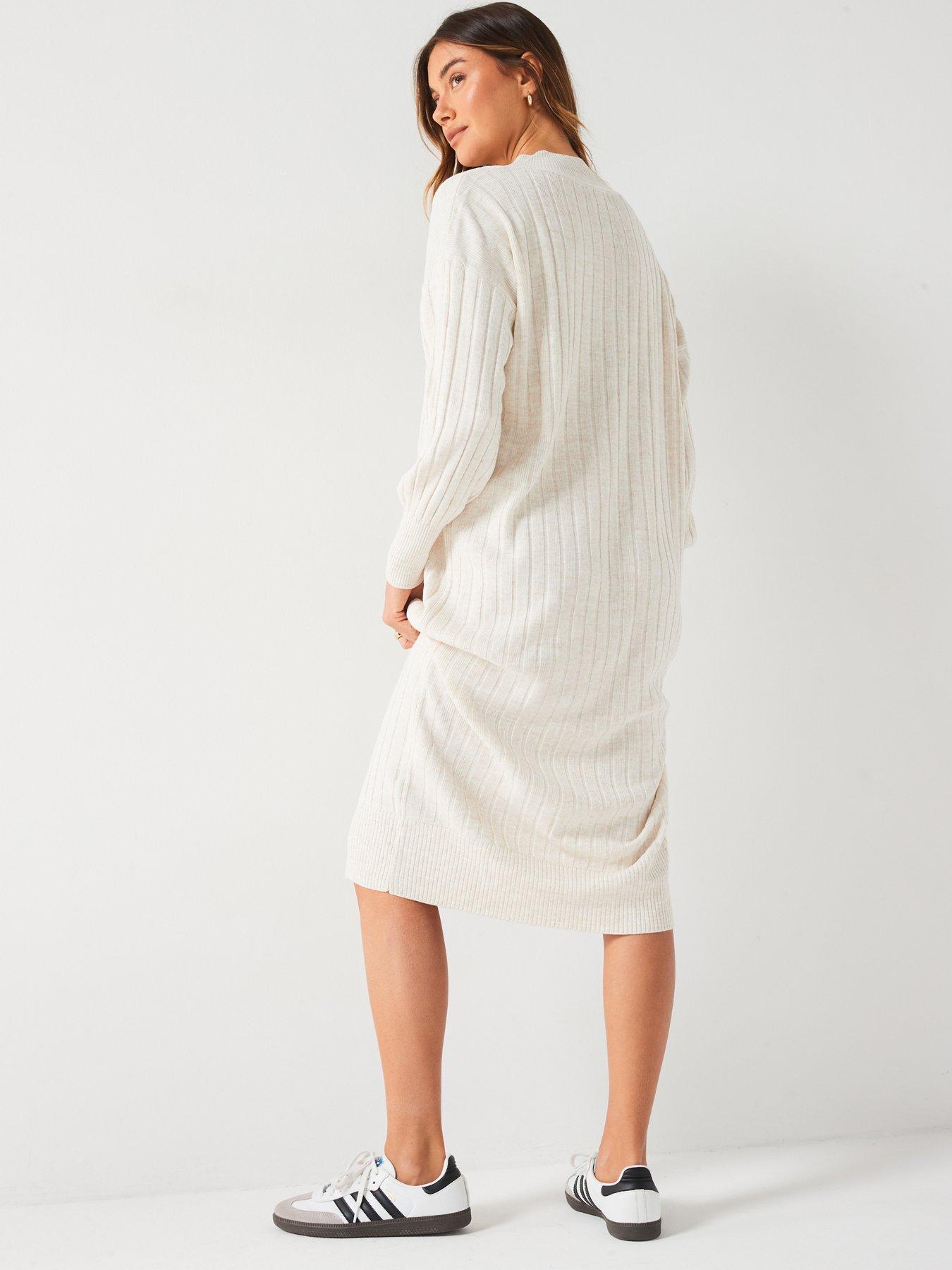 Image 2 of 4 of Only V Neck Long Sleeve Knitted Midi Dress - Beige