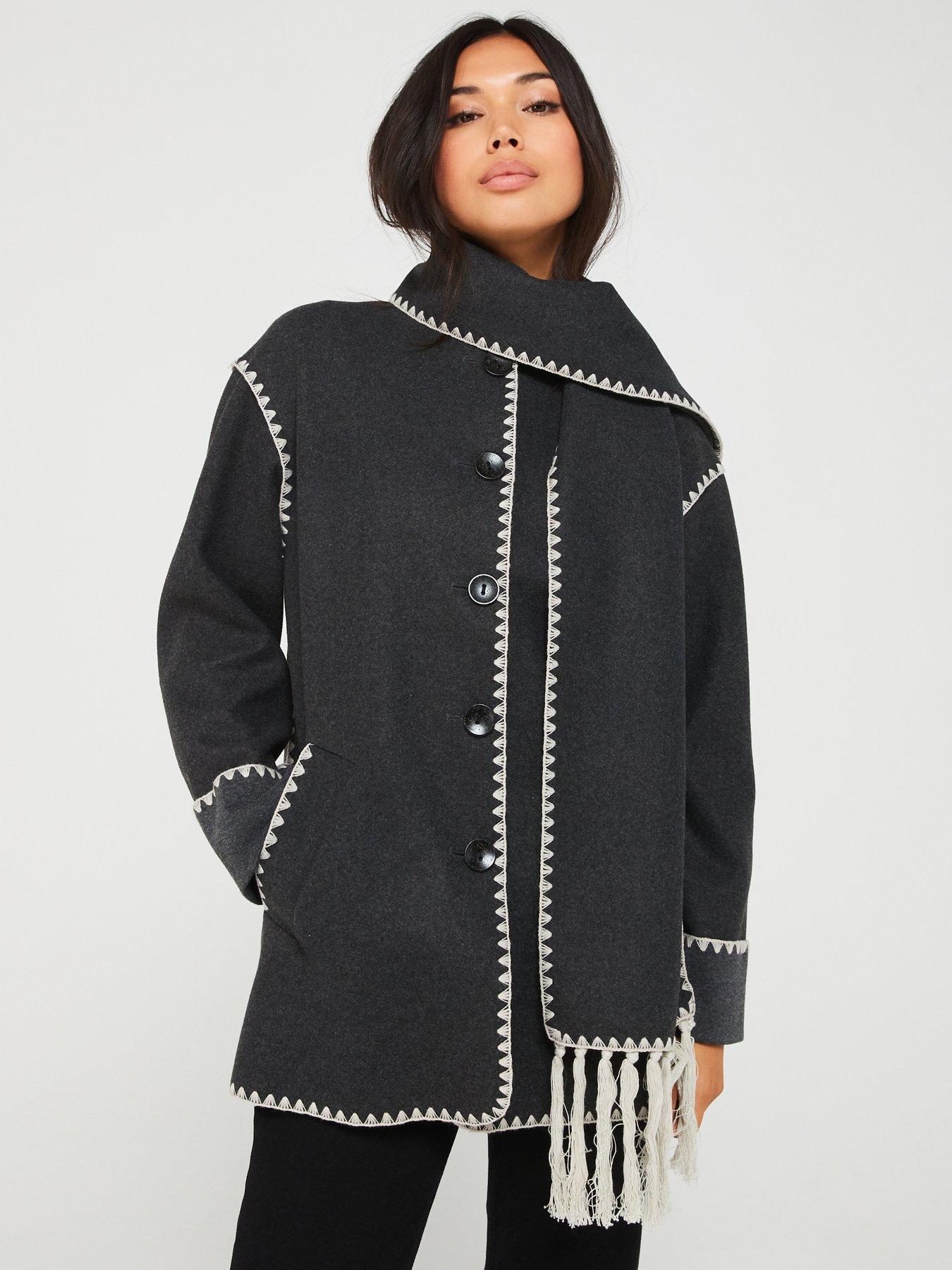 undefined Scallop Edge Scarf Coat - Grey