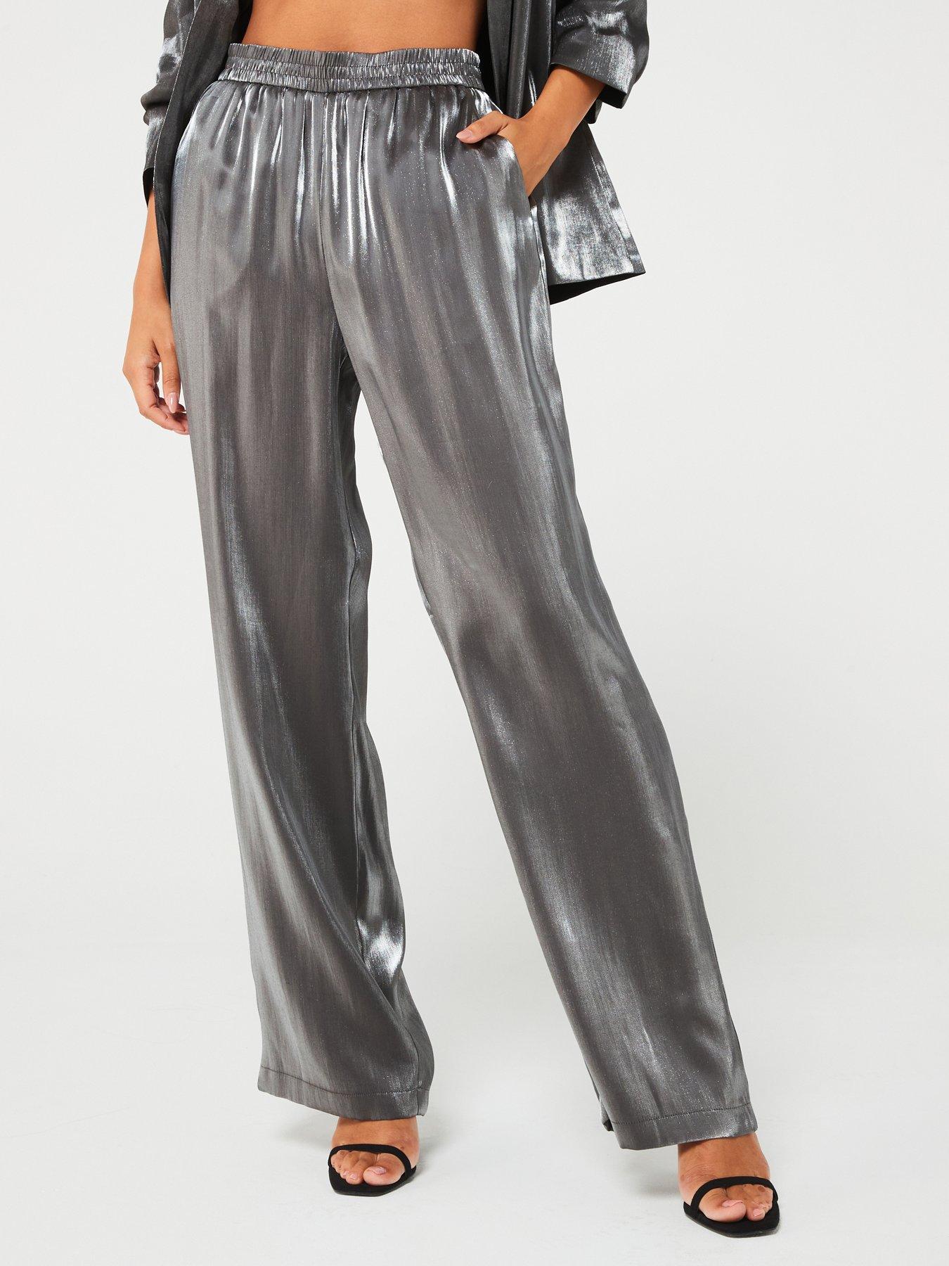 undefined High Waist Elasticated Wide Leg Pant - Silver