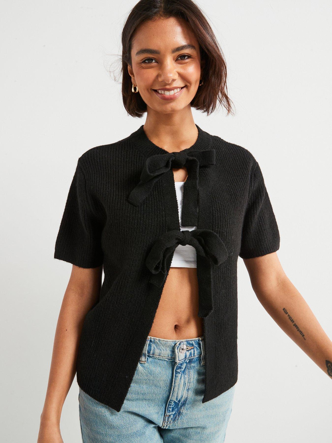  image of pieces-short-sleeve-tie-knitted-cardigan-black