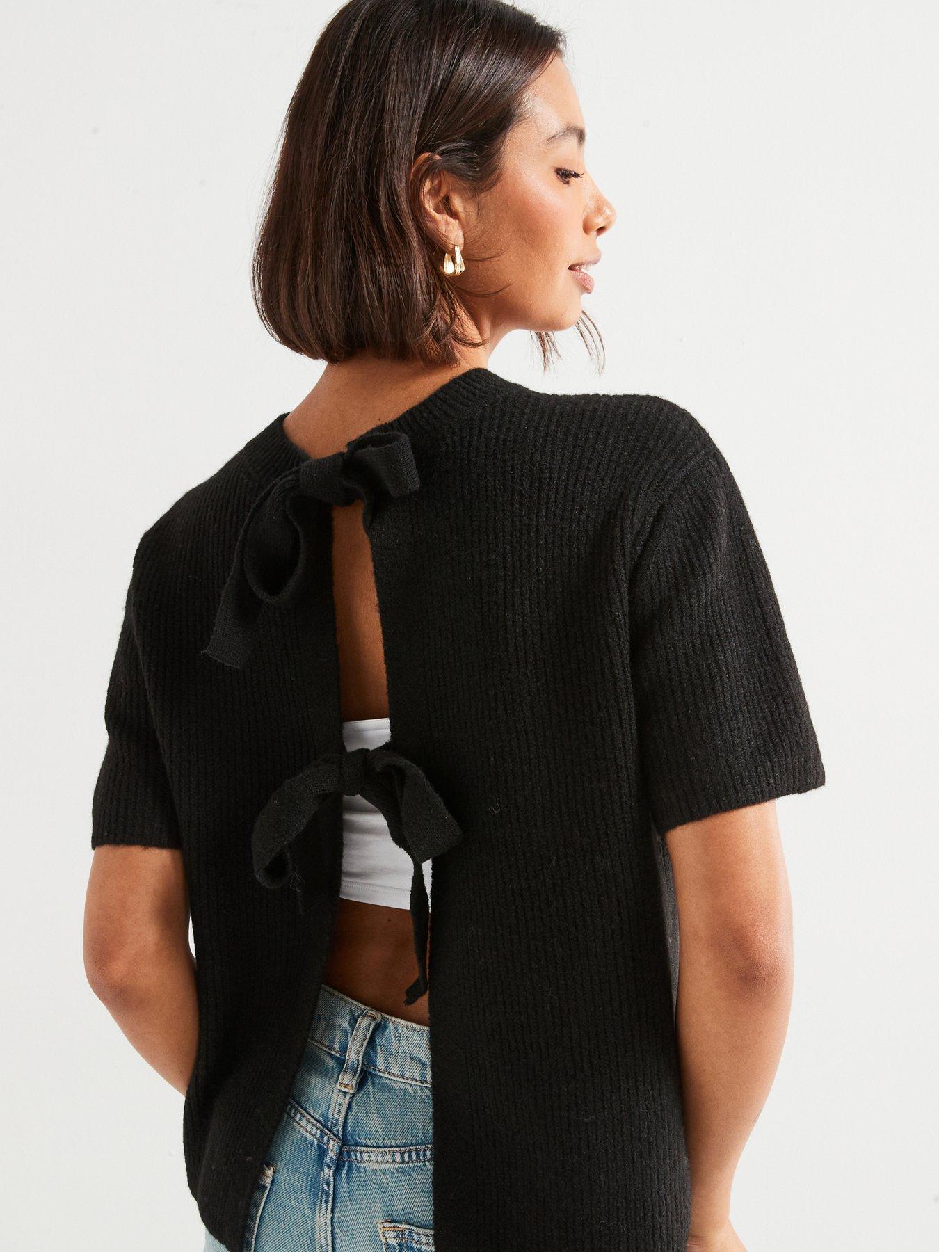  image of pieces-short-sleeve-tie-knitted-cardigan-black