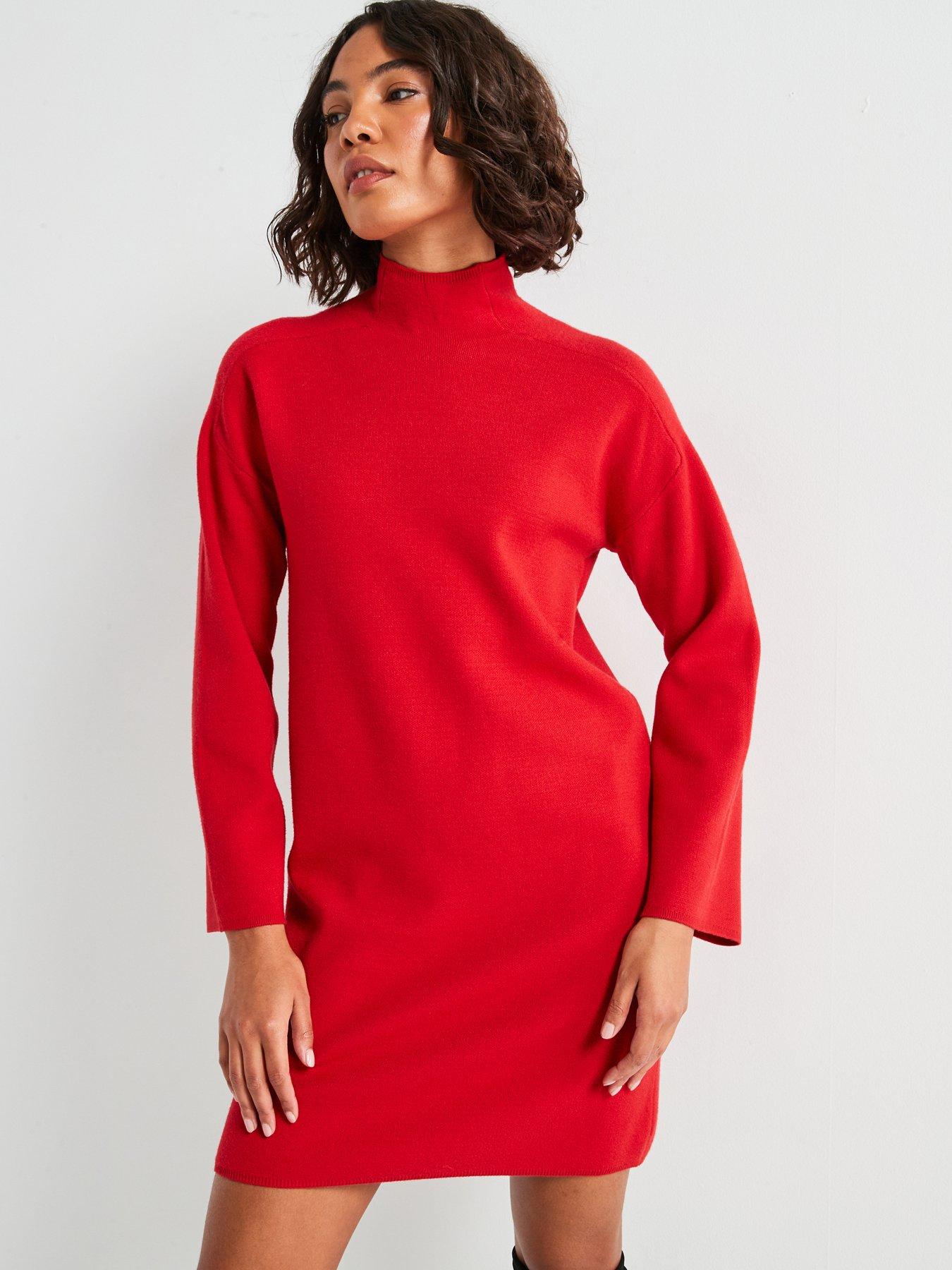 undefined High Neck Short Knitted Dress - Red