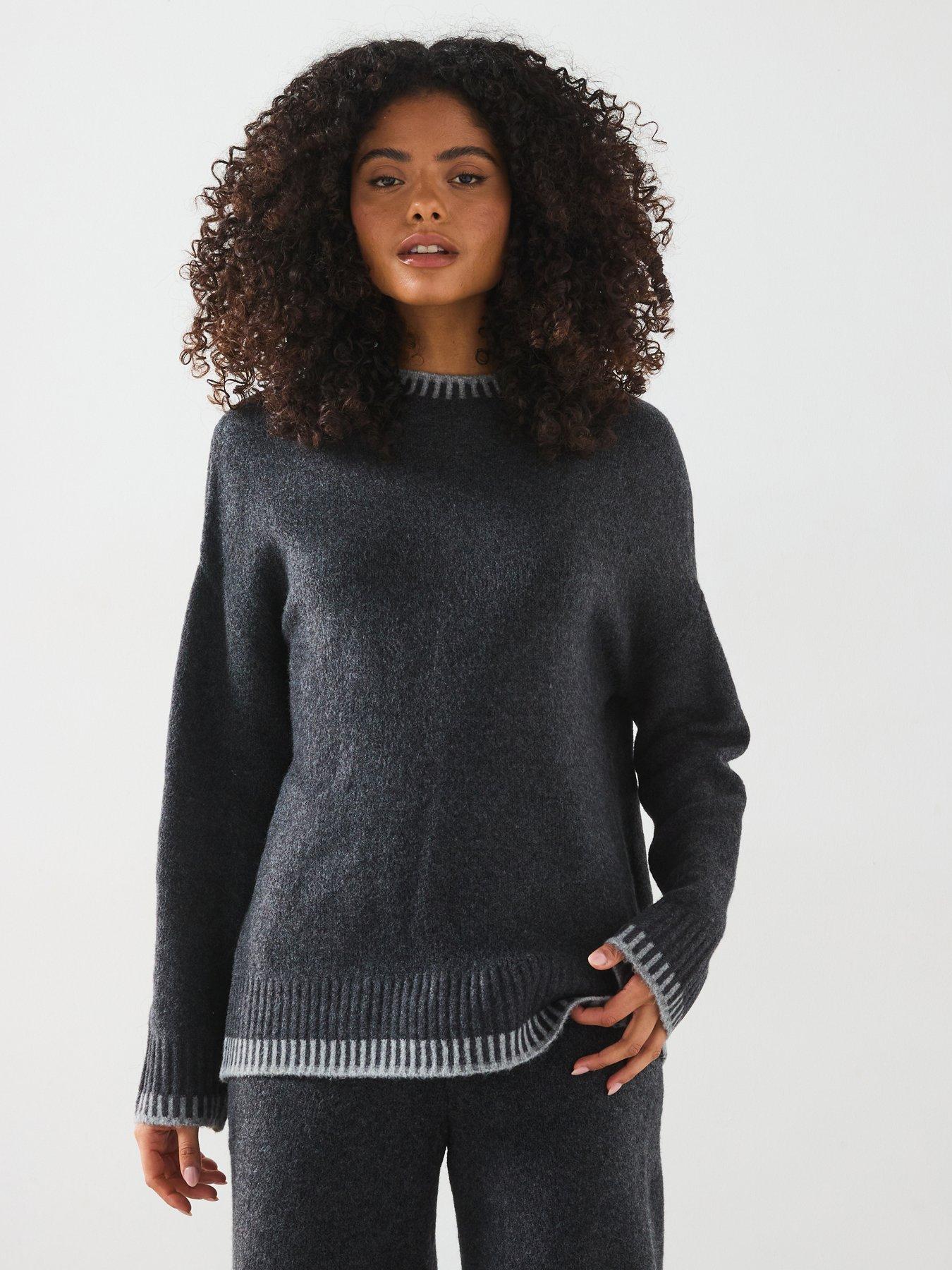 Image 1 of 6 of Only Stitch Detail Mock Neck Knitted Jumper - Dark Grey