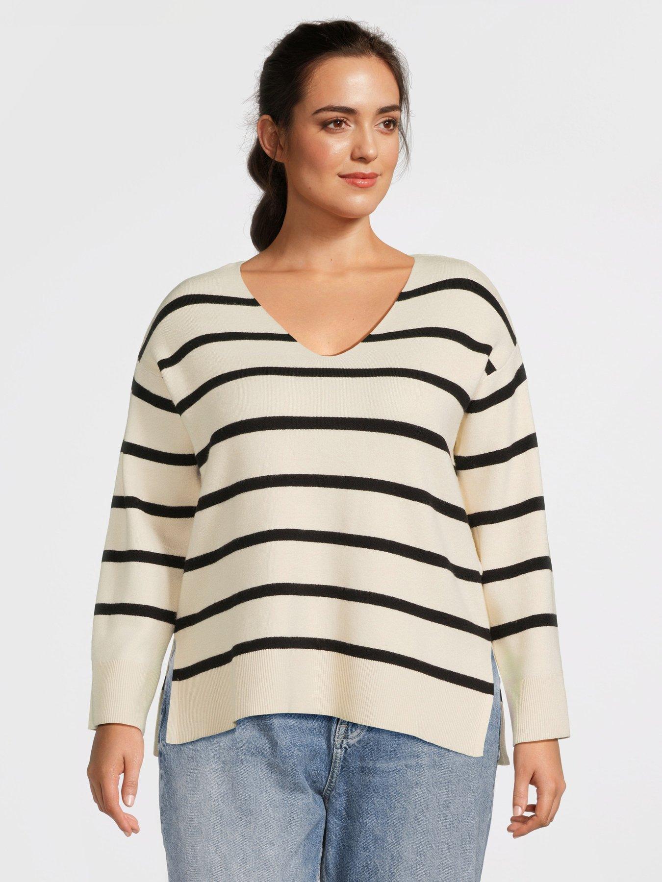 undefined V-Neck Long Sleeve Stripe Pullover - Cream