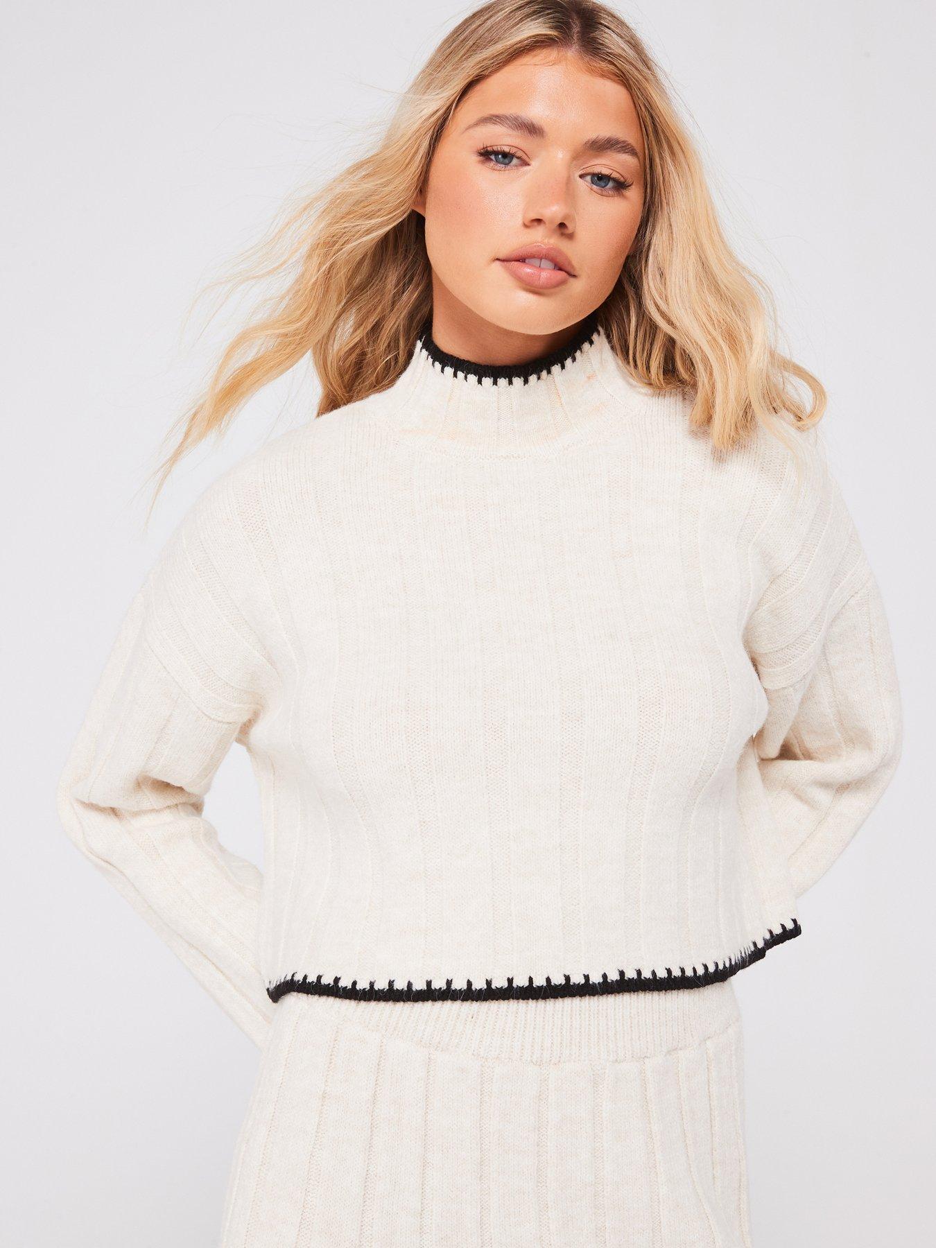 undefined Stitch Detail High Neck Jumper - Cream