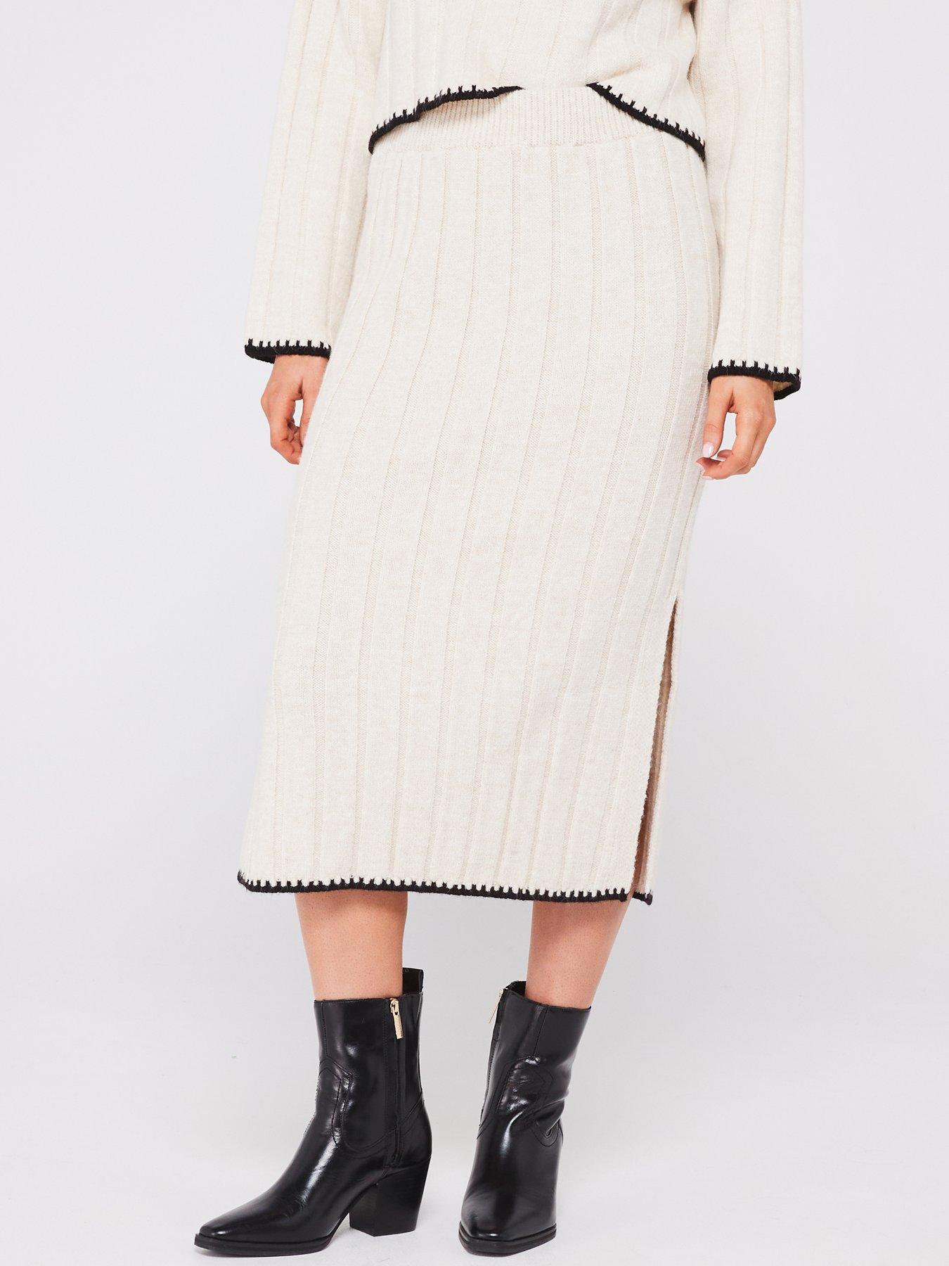 undefined Stitch Detail Knitted Midi Skirt - Cream