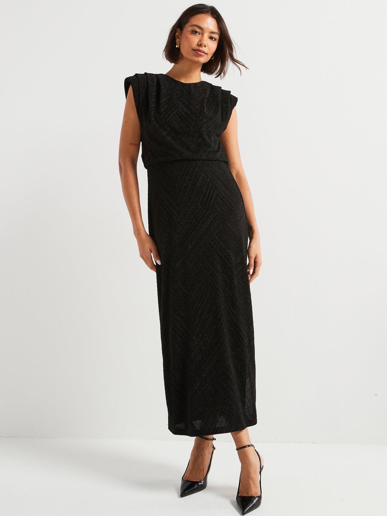 undefined V-Neck Glitter Lurex Maxi Dress - Black