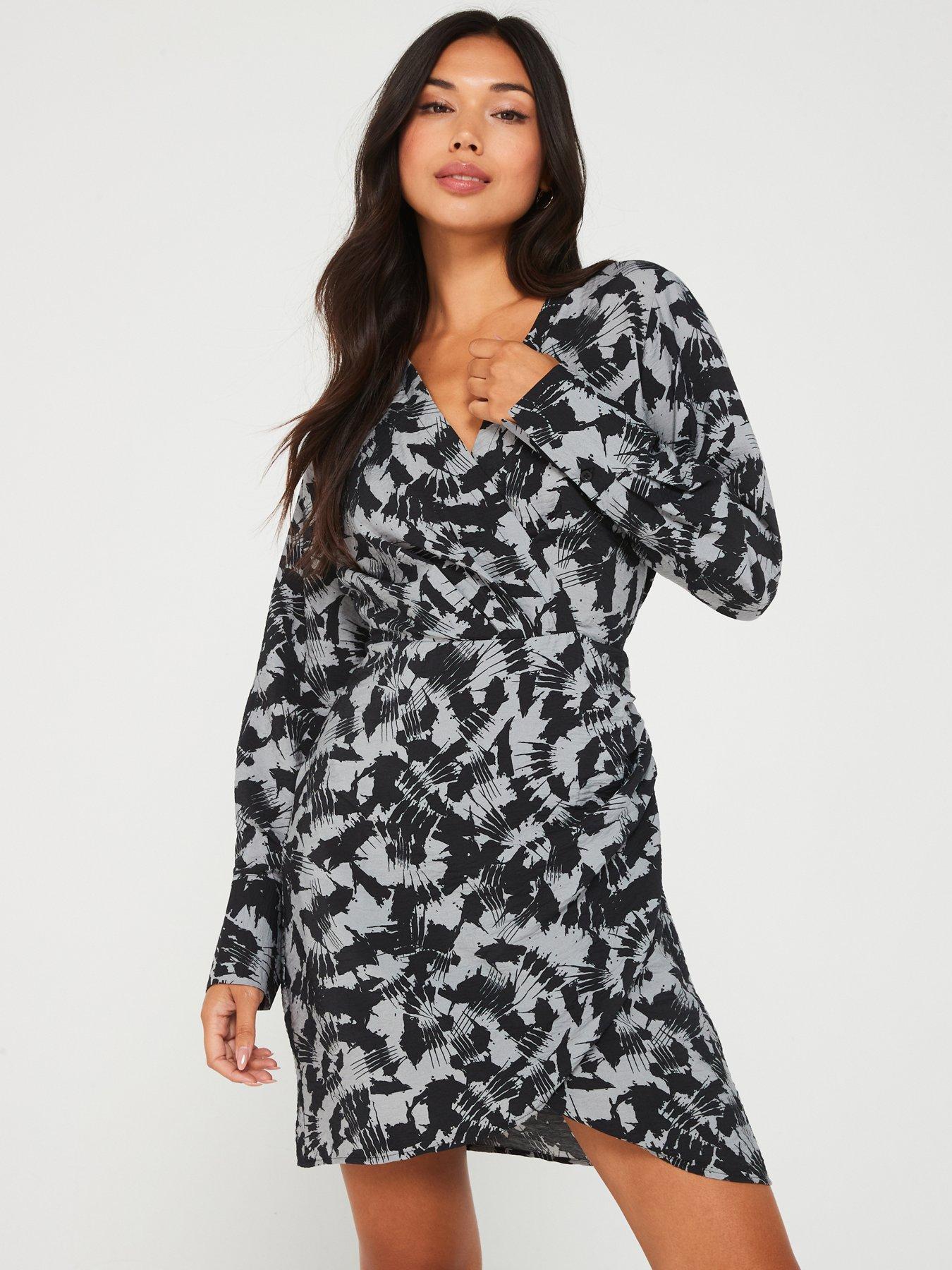 undefined Printed Mini Wrap Dress - Grey