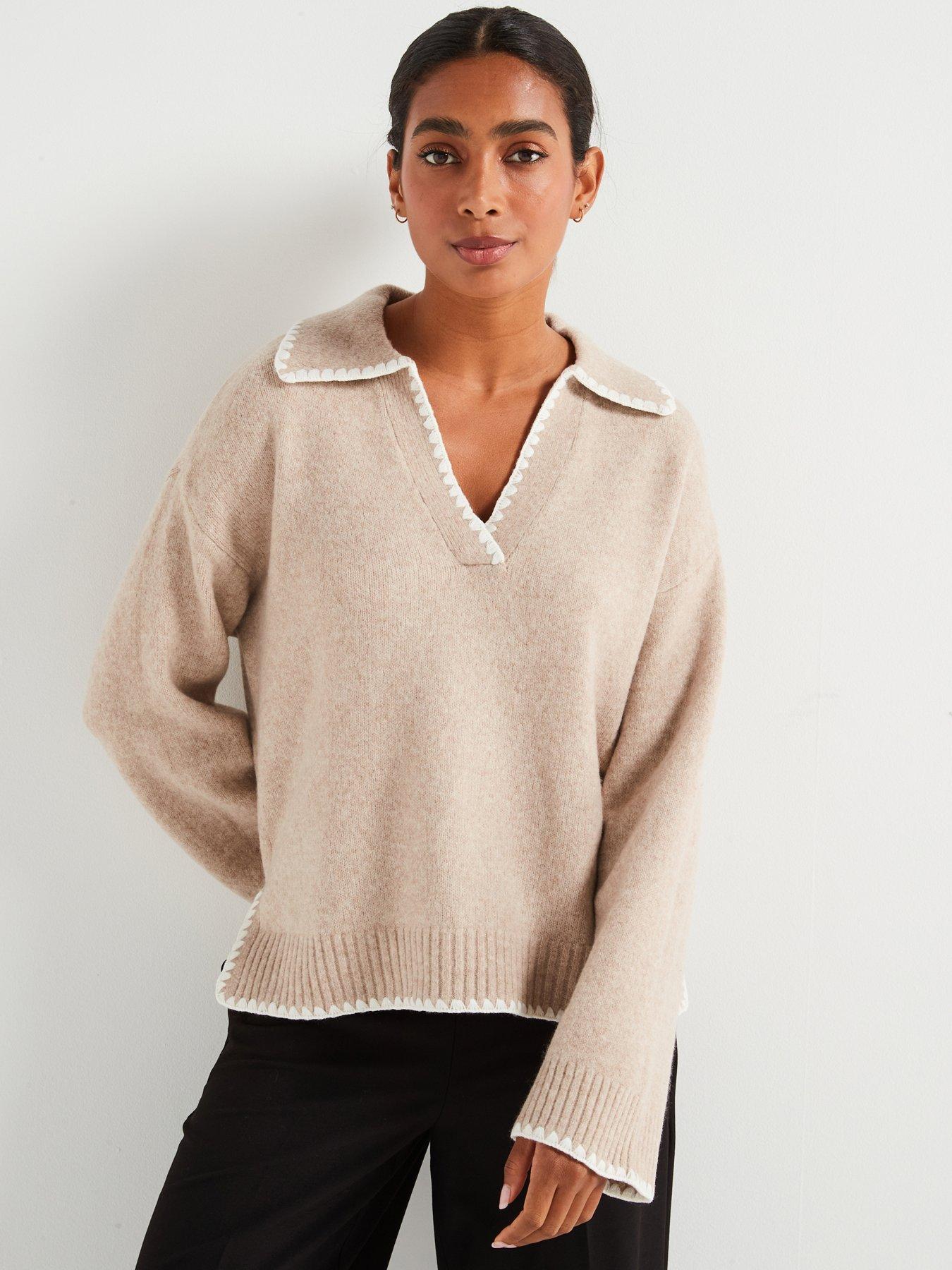 undefined Contrast Trim Collar Neck Knitted Jumper - Beige